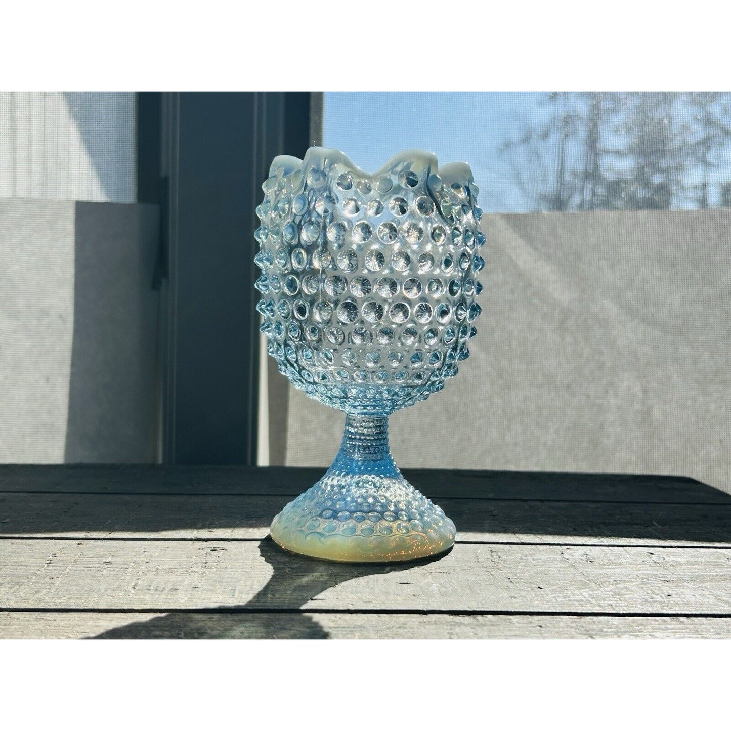 EUC Duncan Miller Blue Opalescent Glass Footed Hobnail Vase Ruffle Crimped