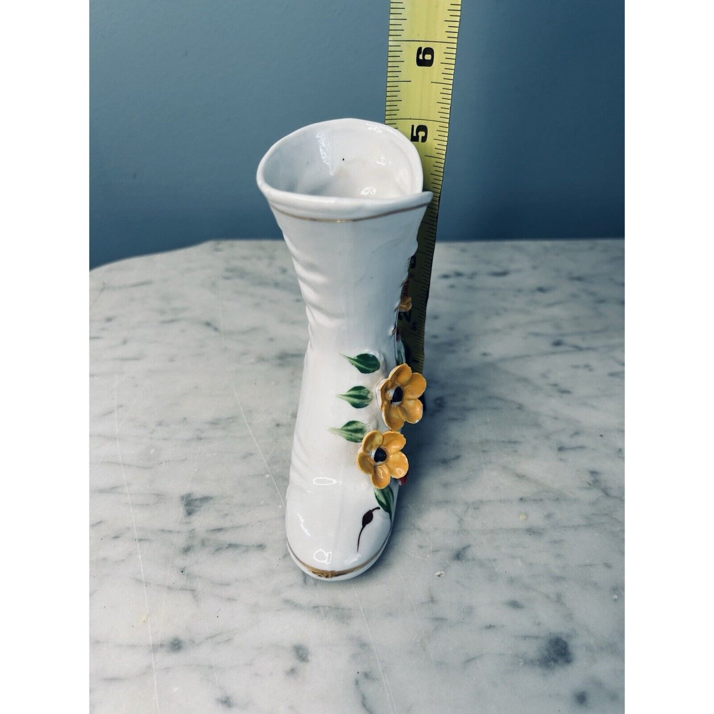 Vintage Porcelain Victorian Boot Vase White 3D Yellow Flowers Gold Accents Shoe