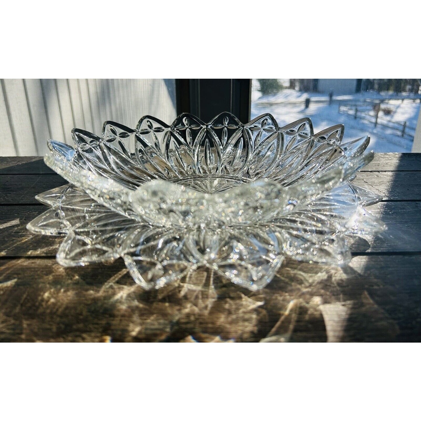 Vintage Federal Glass Petal Pattern Clear Glass Serving Bowl & Platter Flower