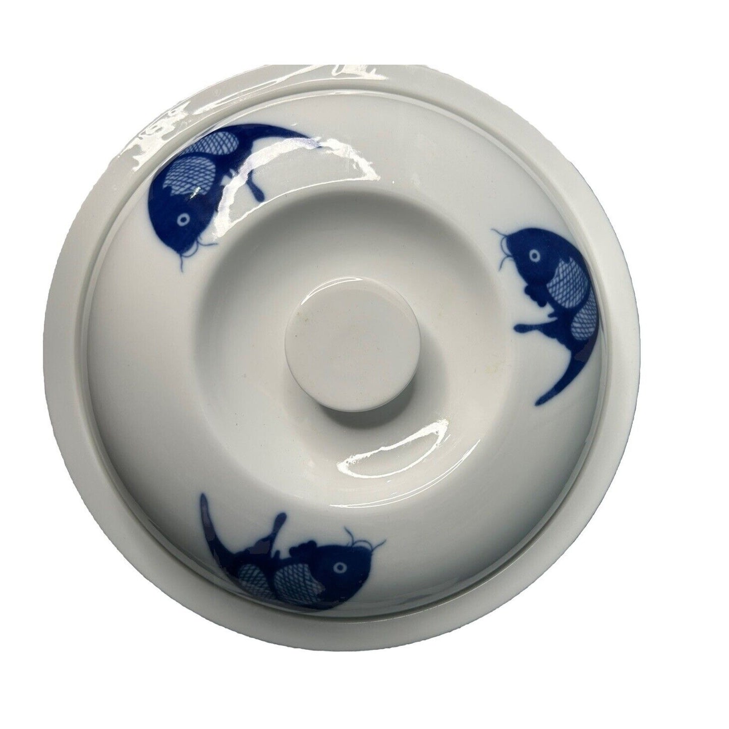 10” Koi Fish Blue Porcelain Super White China Serving Dish Bowl Lid Misty Rose