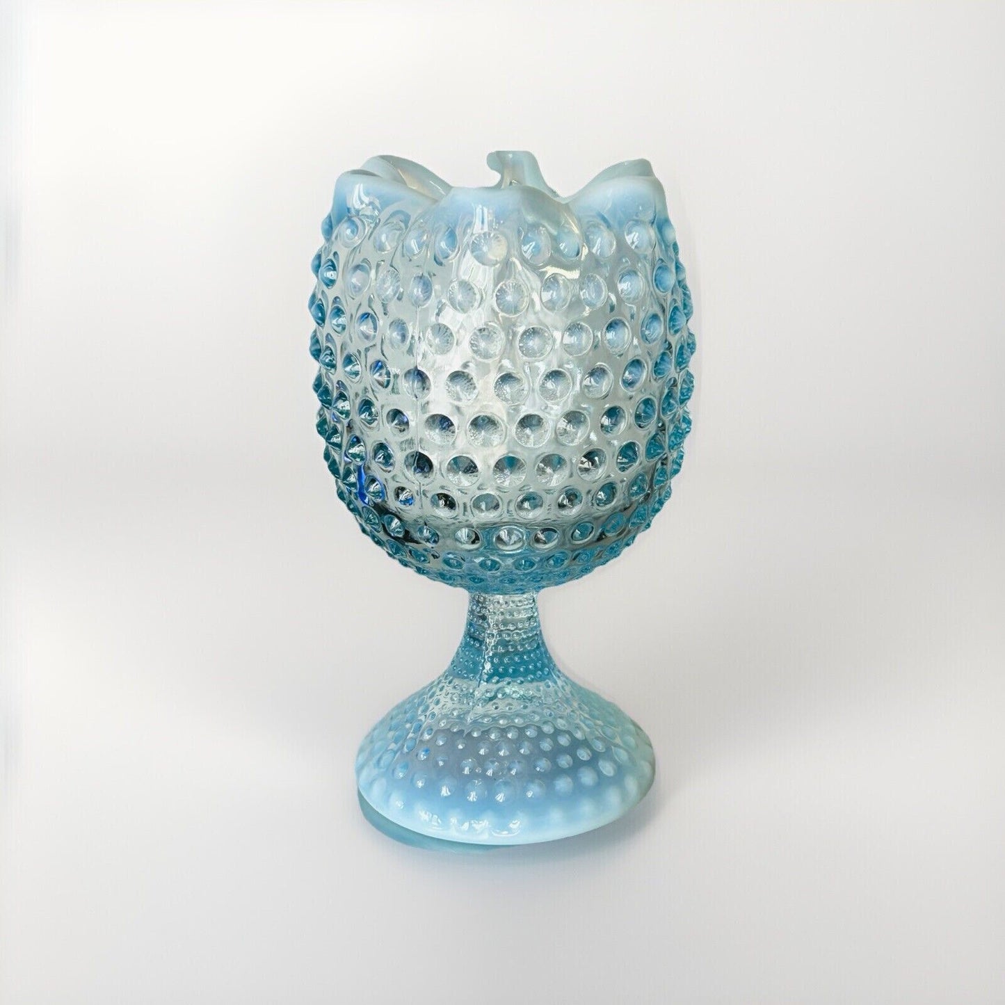 EUC Duncan Miller Blue Opalescent Glass Footed Hobnail Vase Ruffle Crimped