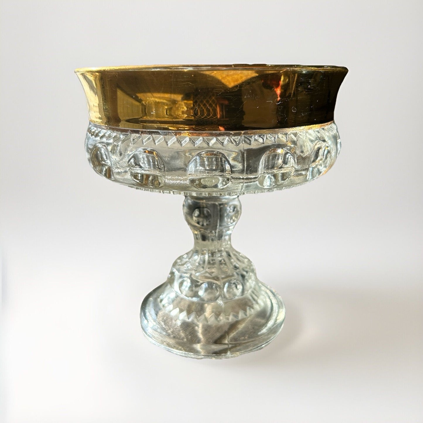 Indiana Glass Kings Crown Gold Trim Pedestal Candy Dish Compote 5 1/4" H Vintage