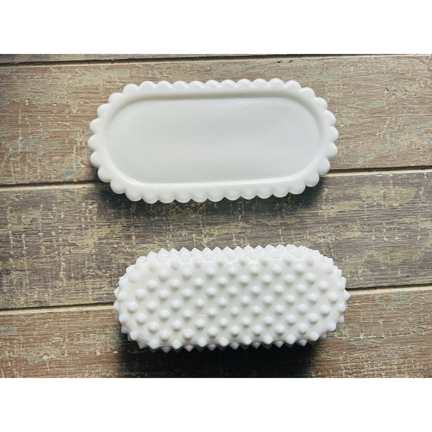 Vintage Fenton Covered Butter Dish Milk Glass English Hobnail Scalloped Edge