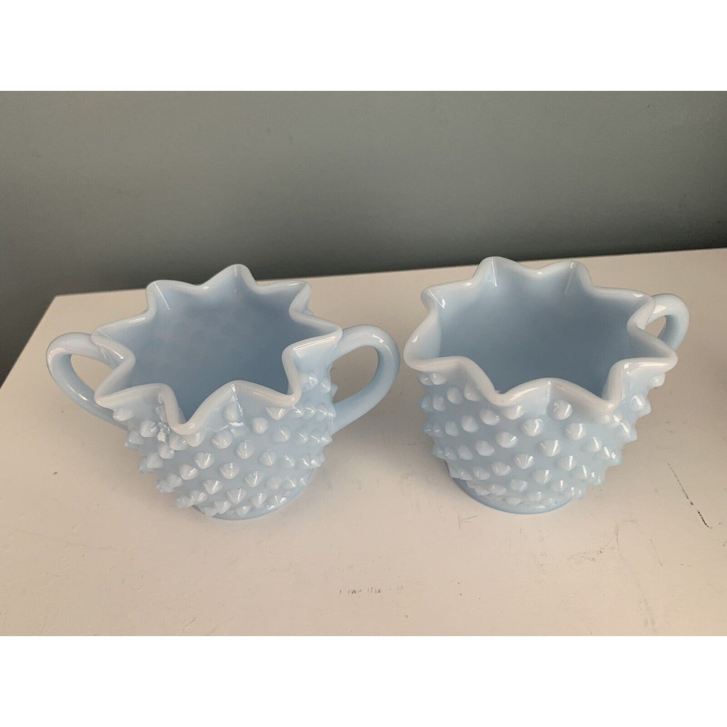 Fenton Glass Light Blue Pastel Milk Glass Hobnail Creamer Sugar Set Rare