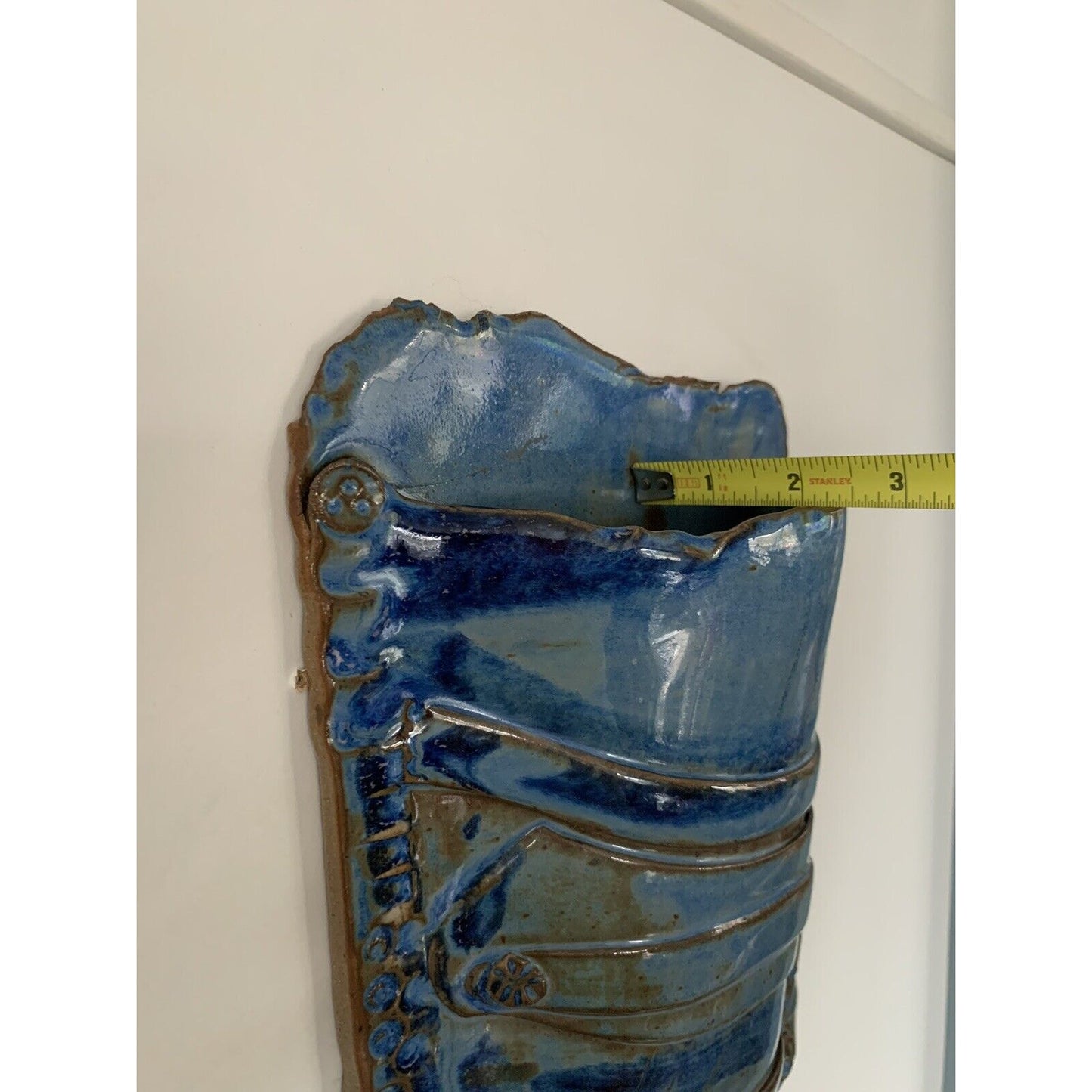 1993 Art Pottery Wall Pocket Hand Made Blue Speckle Glossy Heavy Hanging Vase