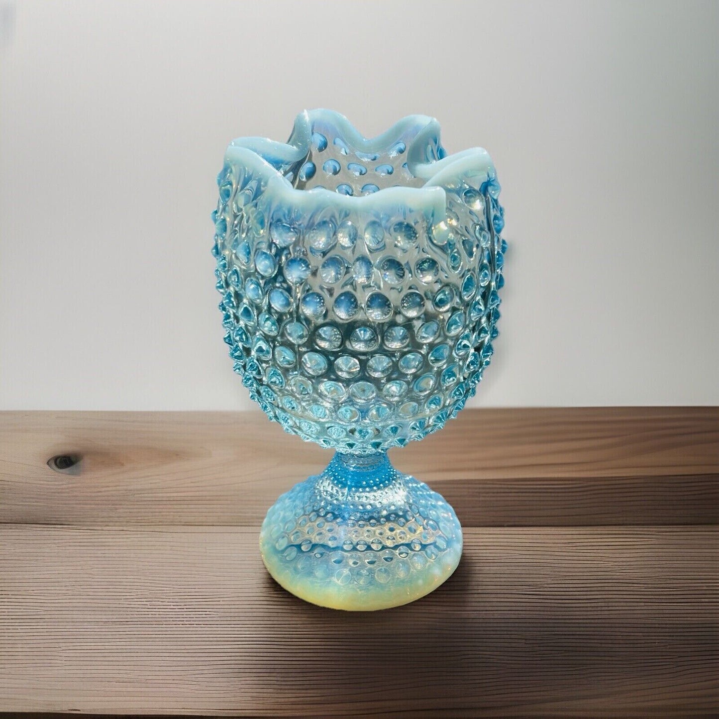 EUC Duncan Miller Blue Opalescent Glass Footed Hobnail Vase Ruffle Crimped