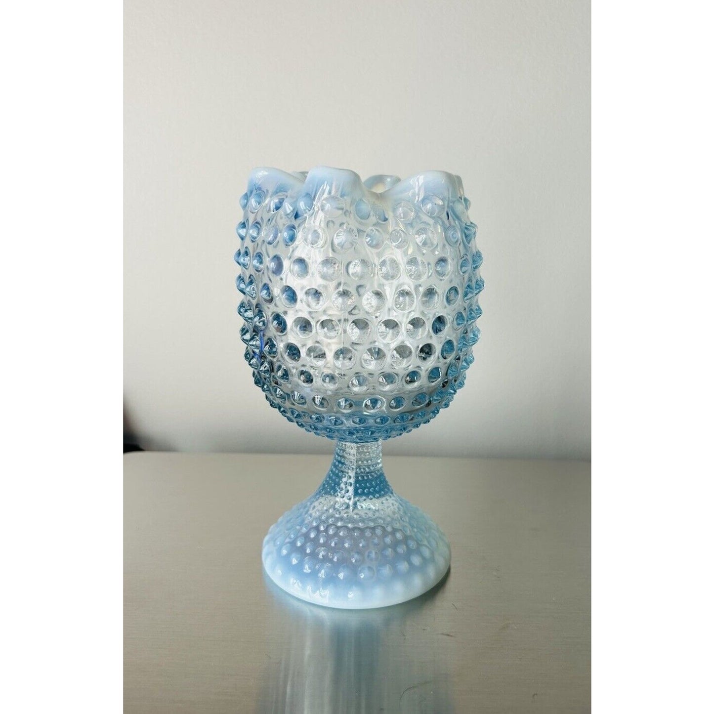 EUC Duncan Miller Blue Opalescent Glass Footed Hobnail Vase Ruffle Crimped