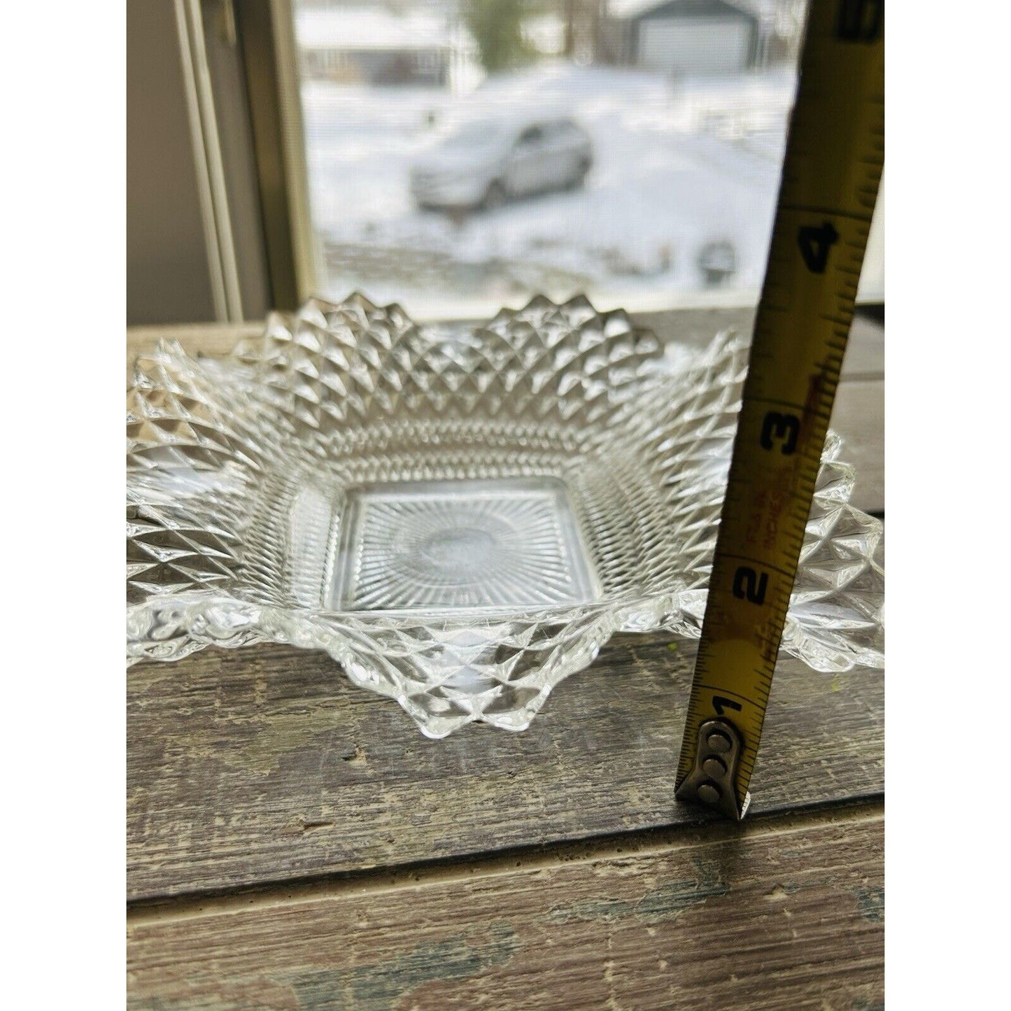 Indiana Glass Clear Depression Glass Square Ruffled Diamond Point 7" Dish Vintag