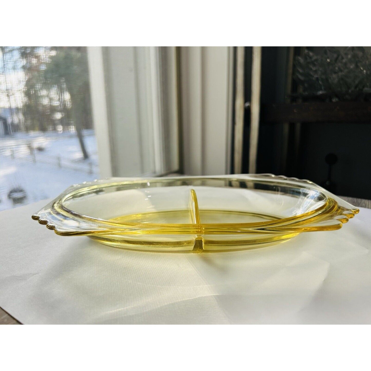 Fostoria Mayfair Relish Dish 2 Part 9” Long Yellow Topaz Vintage Candy Trinket