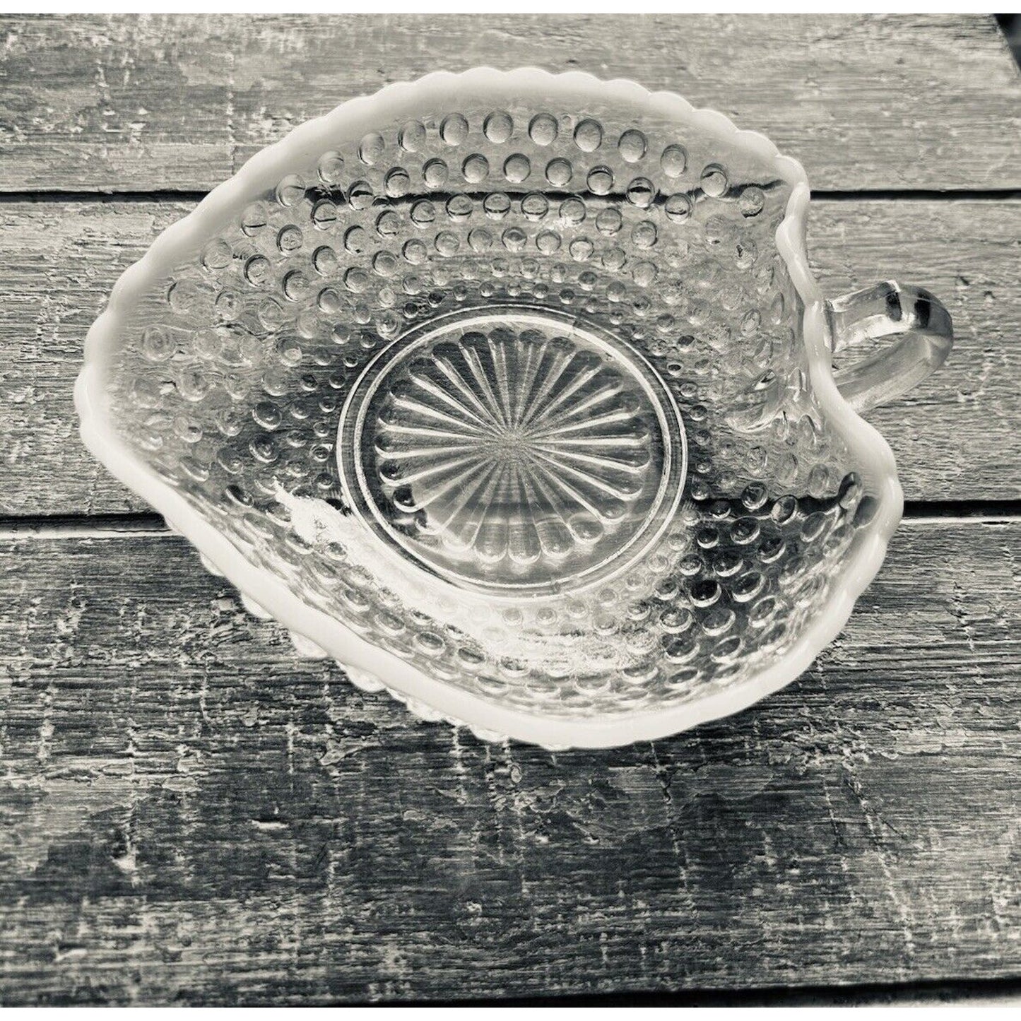 Vintage Hobnail Opalescent Edge Heart shaped Bowl Dish White Trim Moonstone