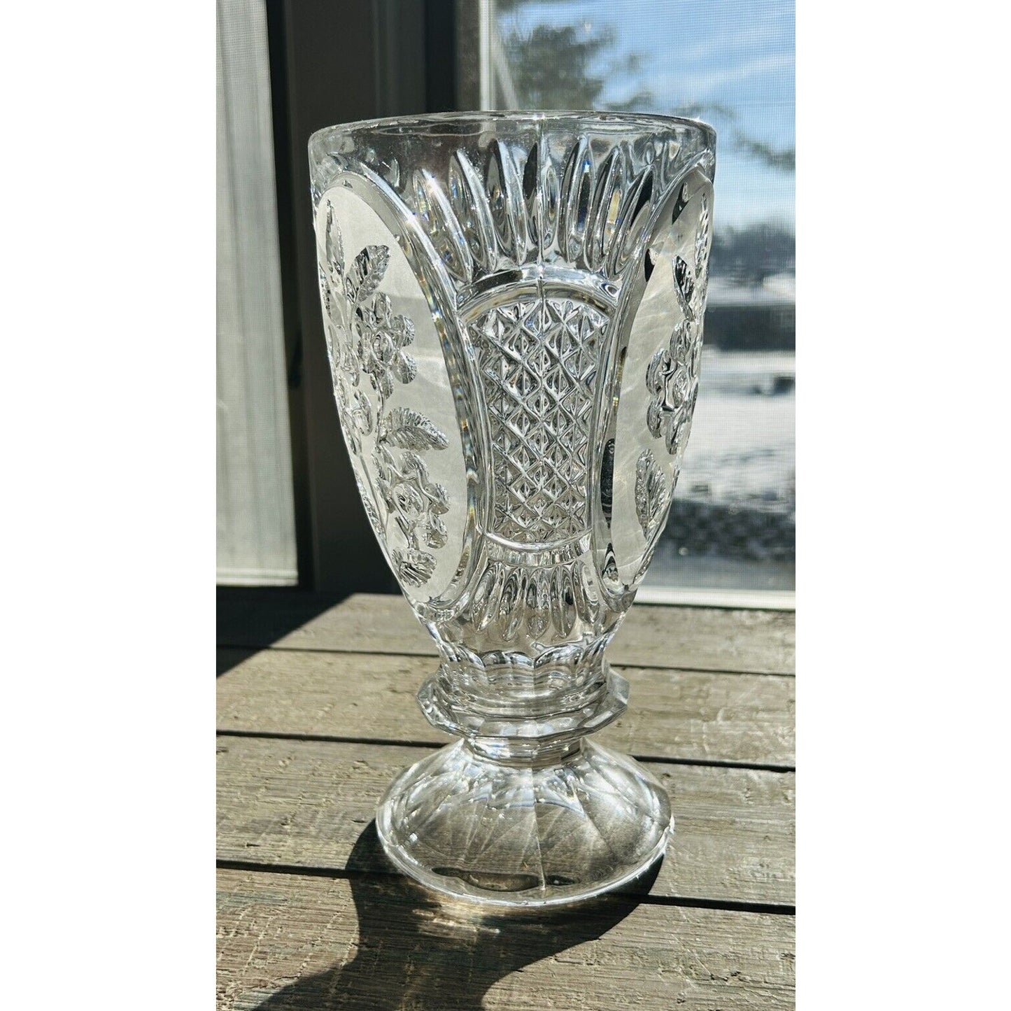 Vintage Kristal Zajecar Floral Cut Lead Crystal 10” Vase Clear Frosted Glass