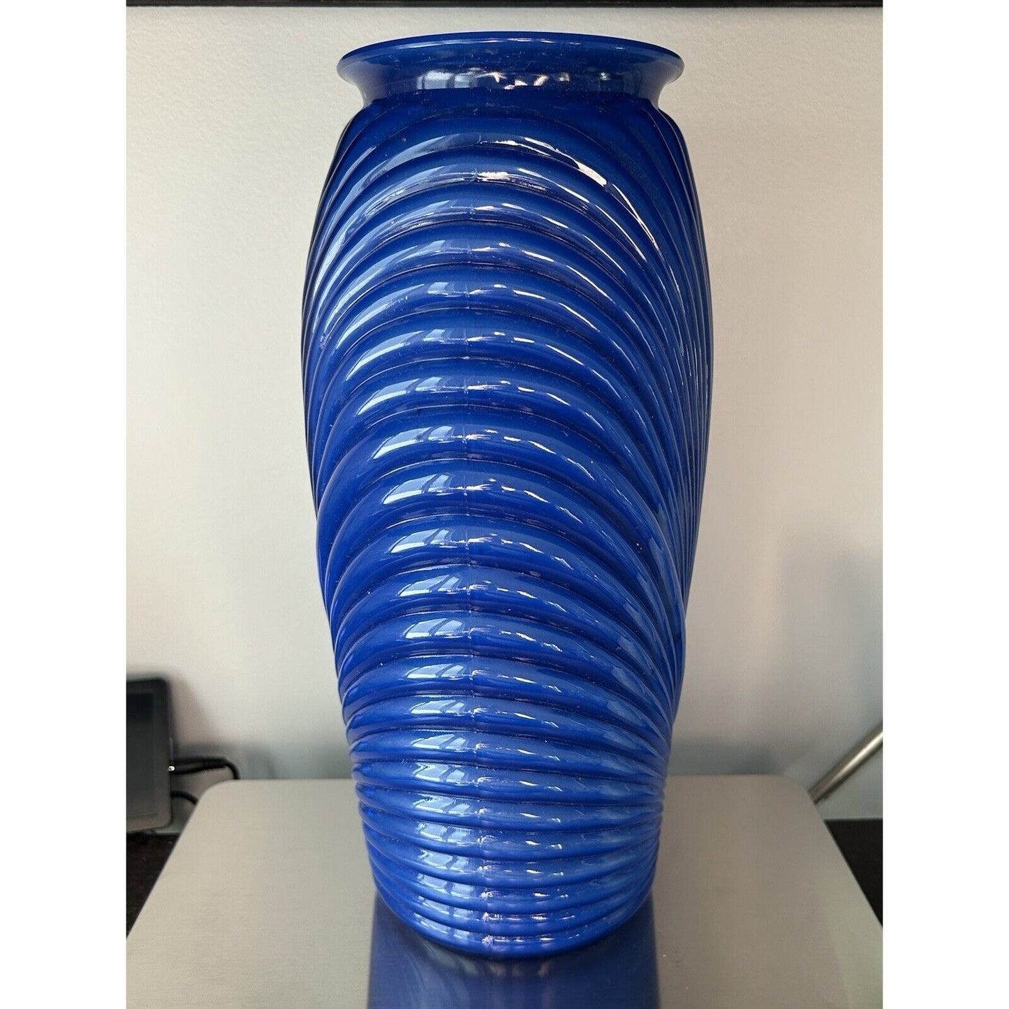 Art Deco Draped Ribbed Pleated Royal Cobalt Blue Glass Vase Vintage Iridescent