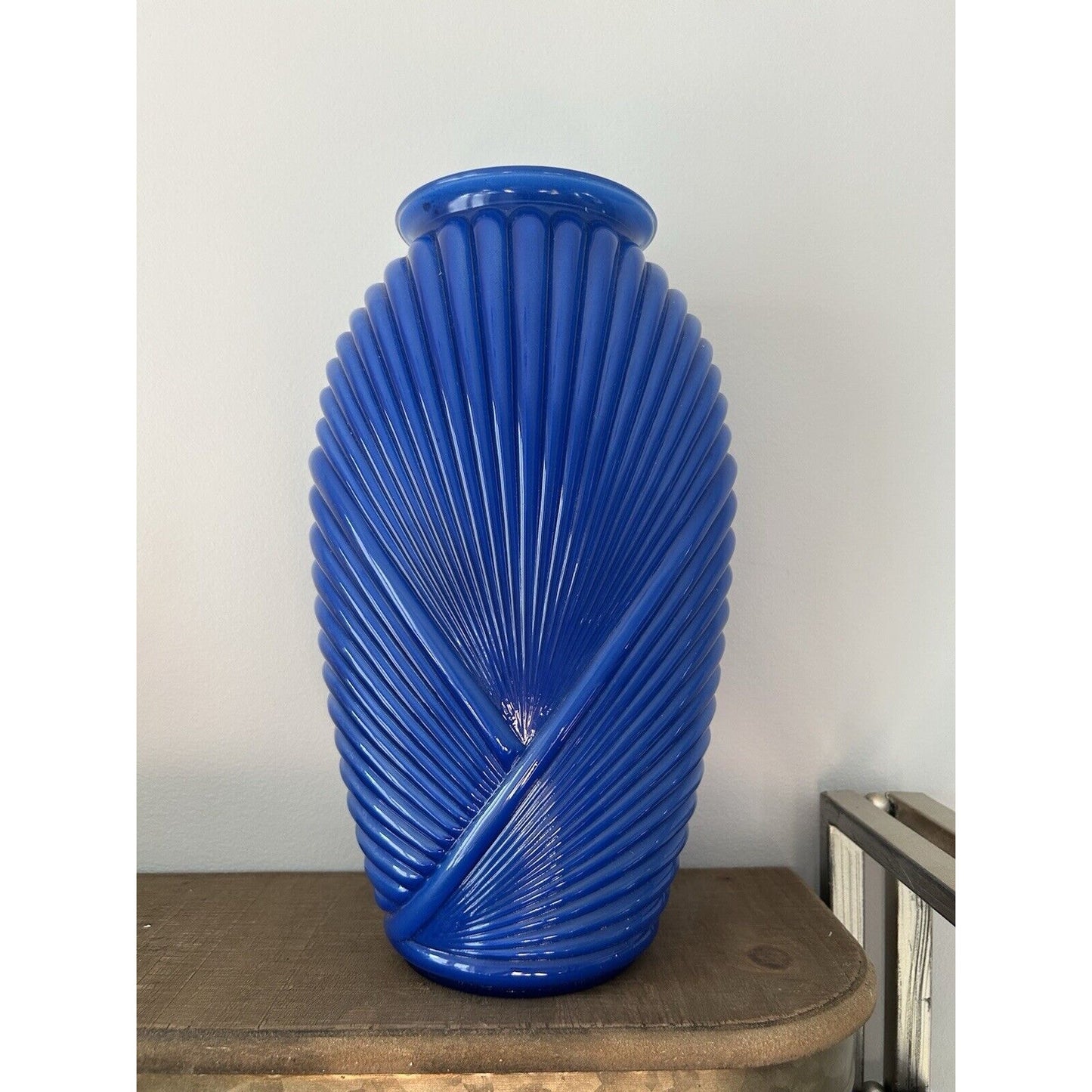 Art Deco Draped Ribbed Pleated Royal Cobalt Blue Glass Vase Vintage Iridescent