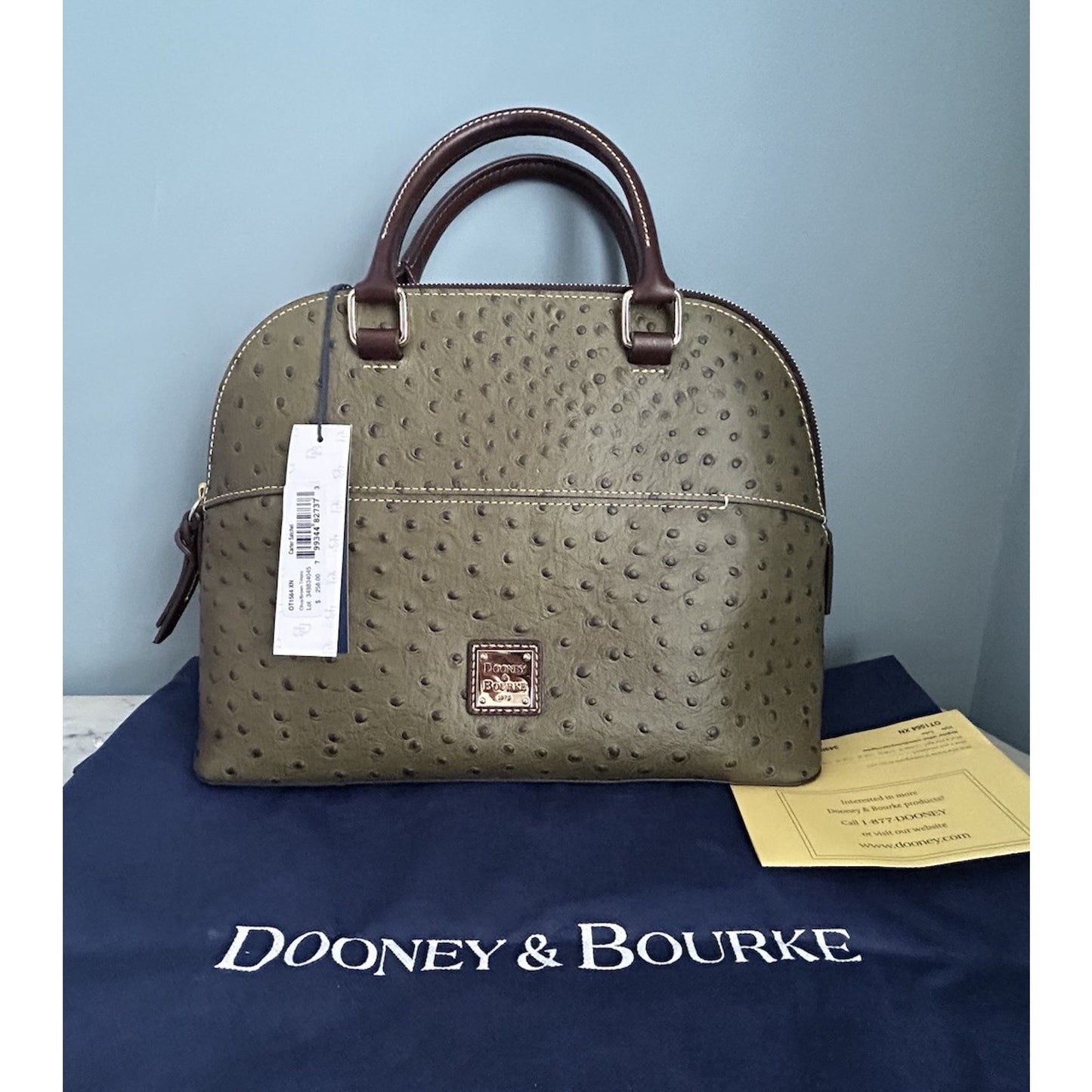 NWT Dooney & Bourke Genuine Ostrich Leather Carter Satchel Olive Brown Dome COA