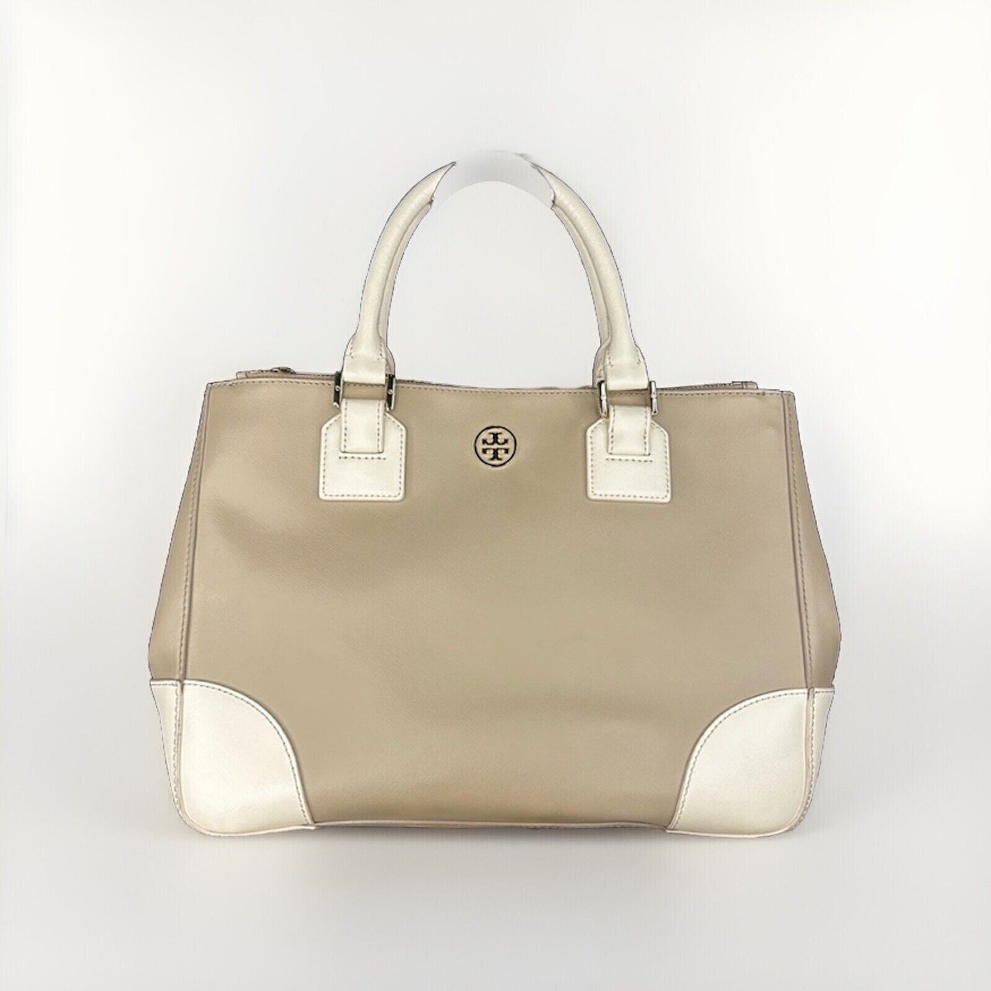 Tory Burch Robinson Tote Saffiano Leather Two Tone Beige Purse Handle Crossbody