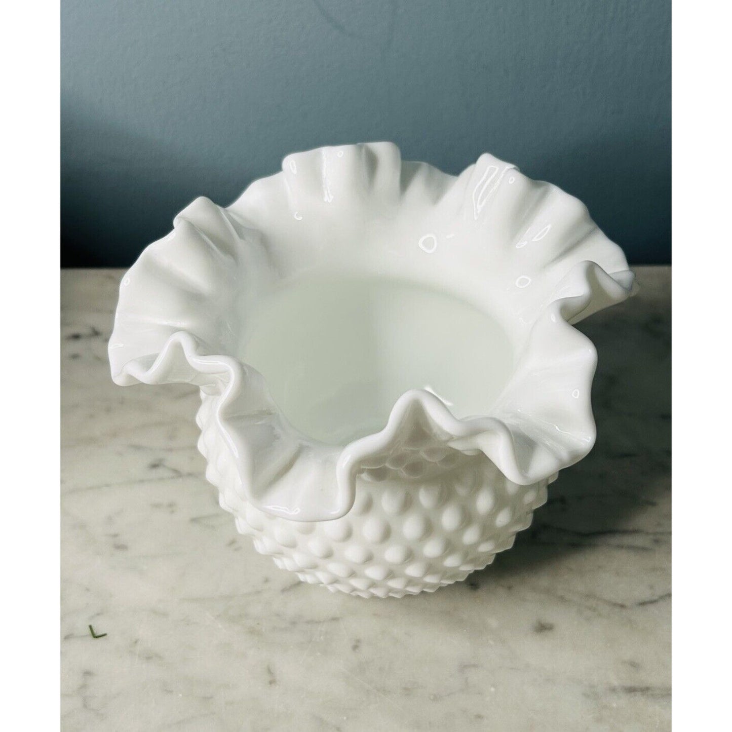 Vintage Fenton 6” Tall White Milk Glass Ruffled Edge Hobnail Bouquet Vase Bowl