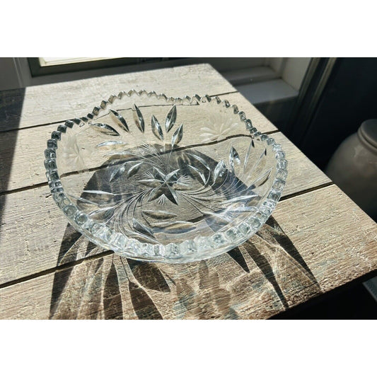 Antique Edwardian Crystal Etched Clear Cut Glass Bowl Dish Flowers 1900 - 1910s