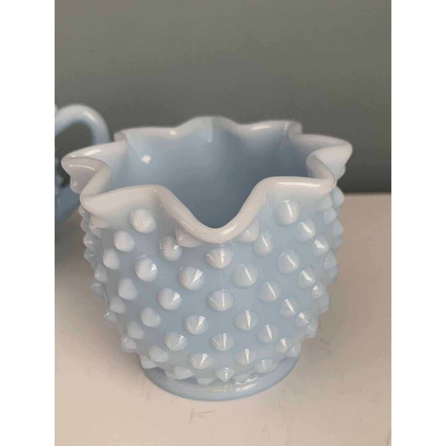 Fenton Glass Light Blue Pastel Milk Glass Hobnail Creamer Sugar Set Rare