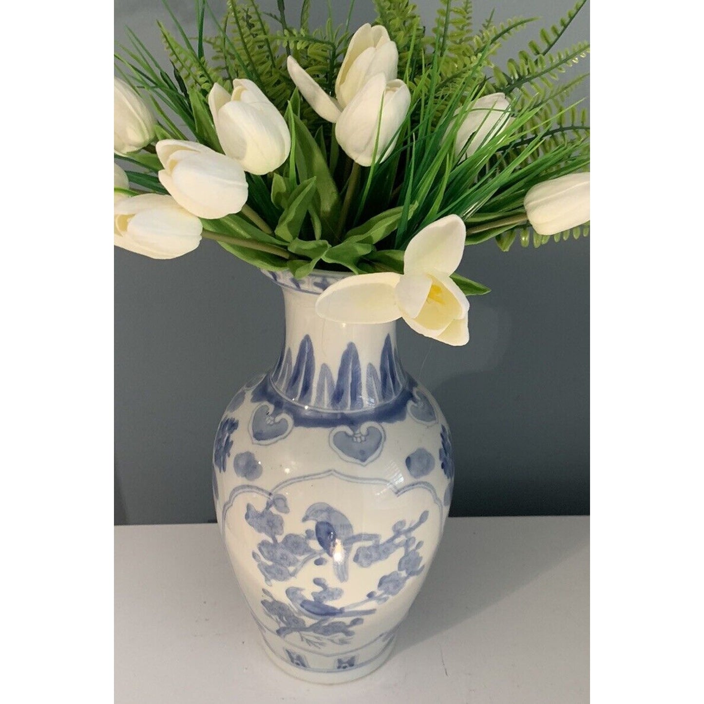 14" Blue White Large Vase Porcelain Vintage Birds Flowers Hand Painted Asian