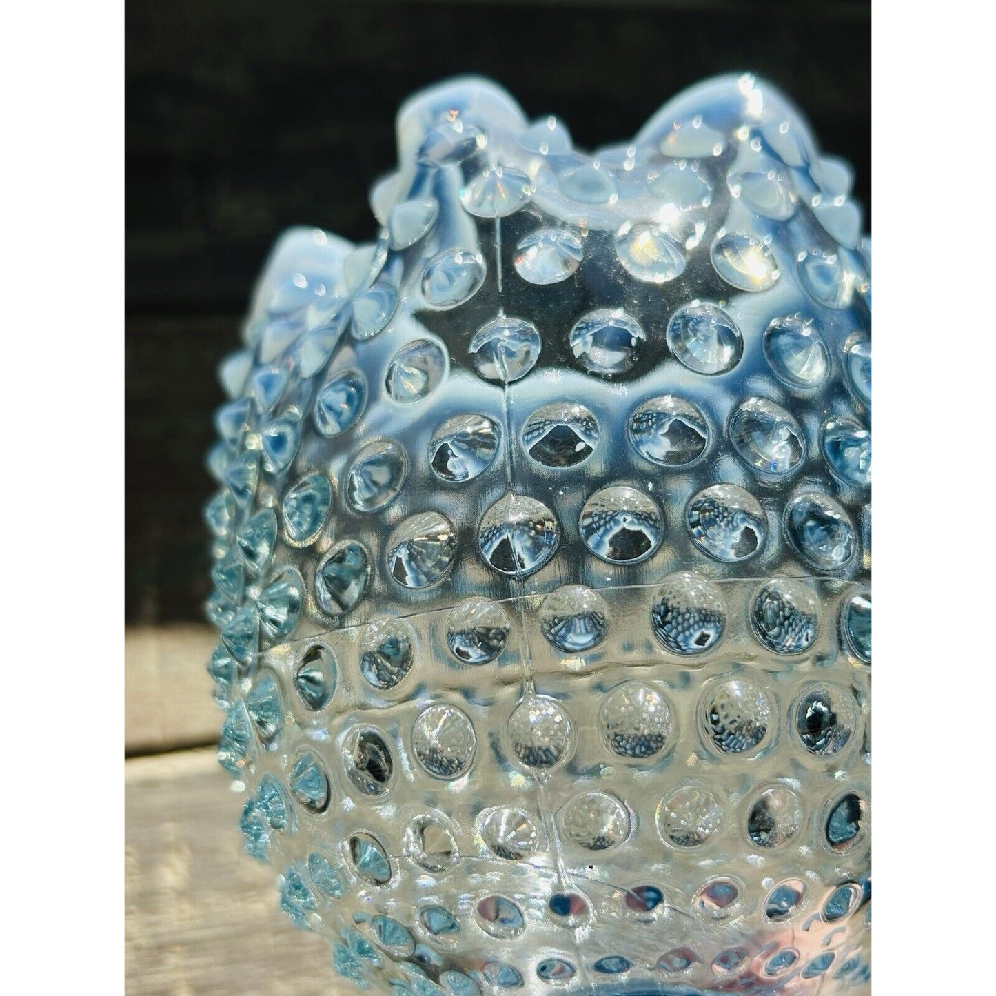 EUC Duncan Miller Blue Opalescent Glass Footed Hobnail Vase Ruffle Crimped