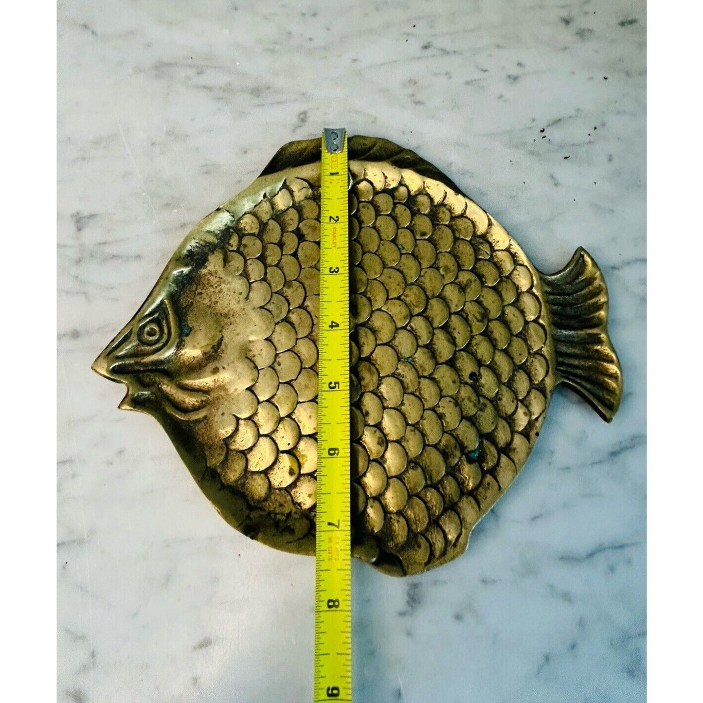 Vintage Brass Fish Shaped Trinket Dish Small Plate 8.5” Length 3D Scales Patina