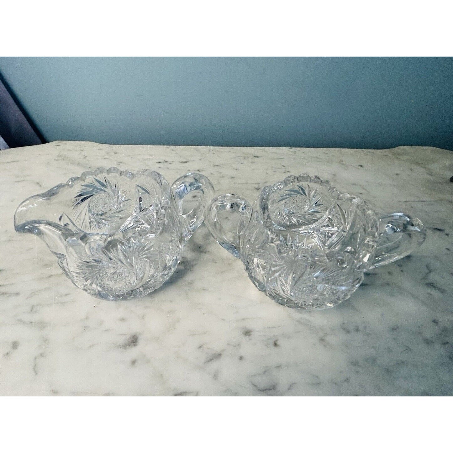 EUC American Brilliant Cut Crystal Glass Pinwheel Creamer Sugar Bowl Set ABP