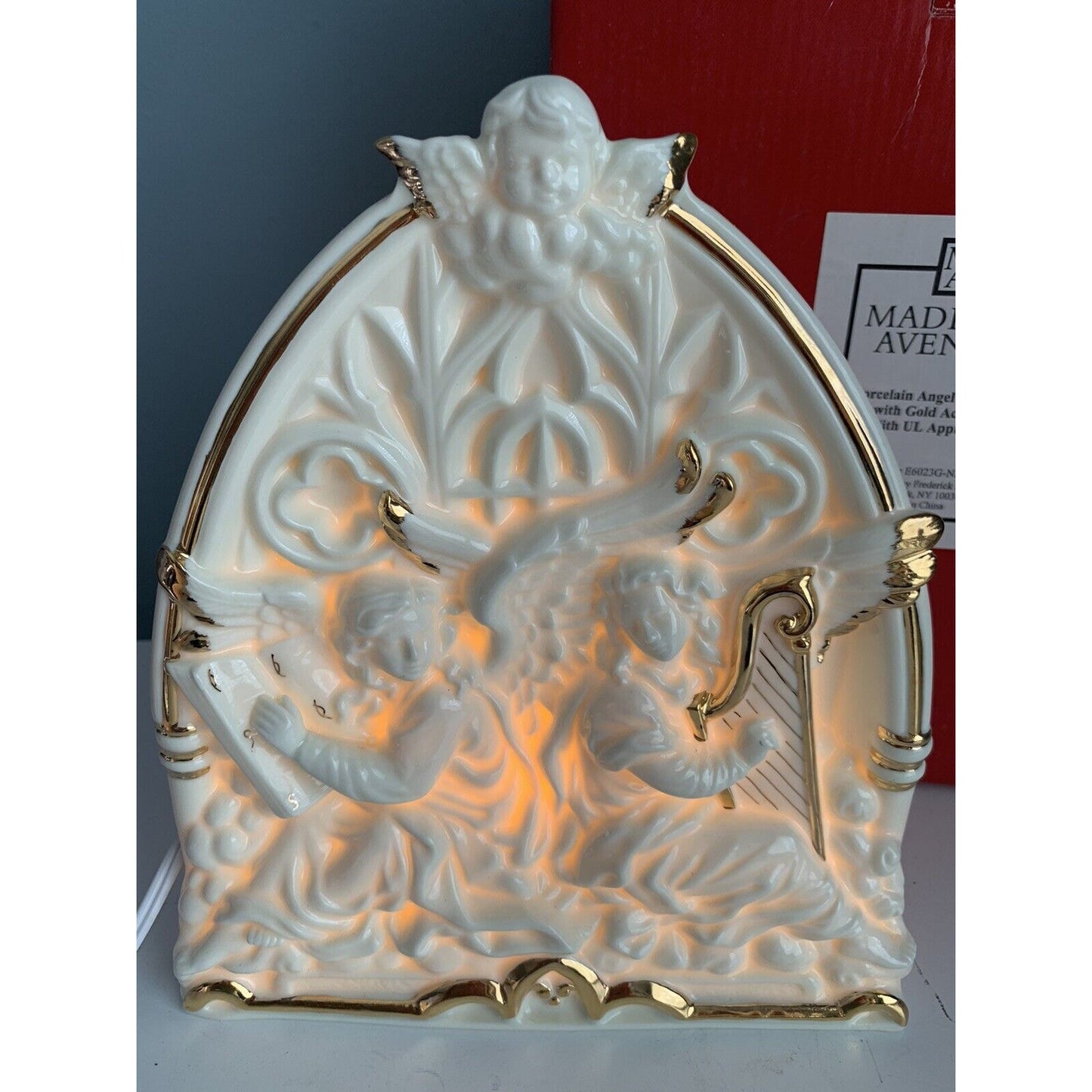 NIB Madison Avenue Porcelain Angel Light Up Gold Accents New Christmas Decor