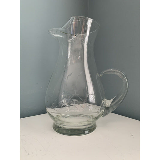 Vintage Crystal Pitcher Etched Clipper Ship Vintage Barware MCM Nautical Sail