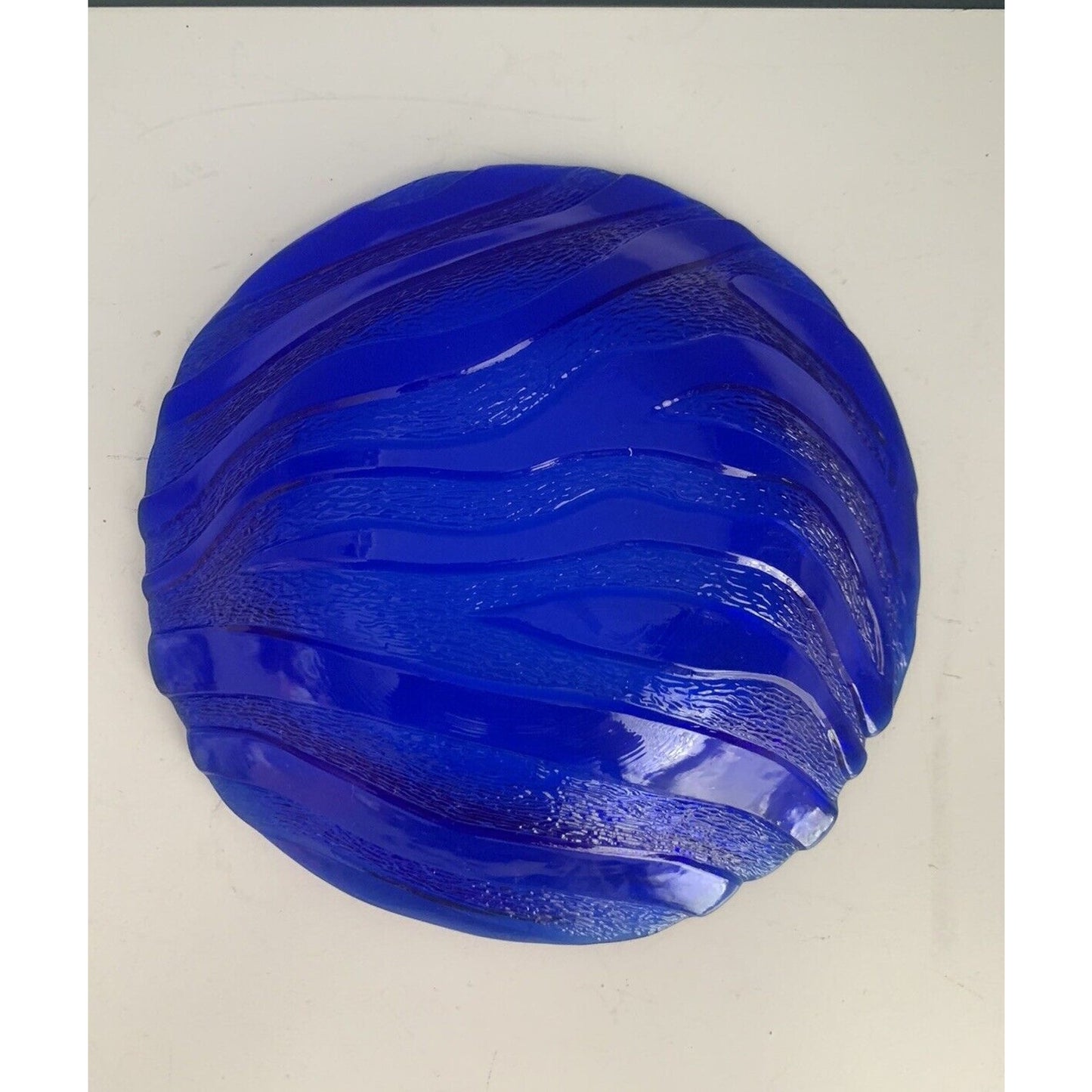 IVV Italy Cobalt Blue Glass Serving Bowl Textured Wave Pattern Vintage Art Deco