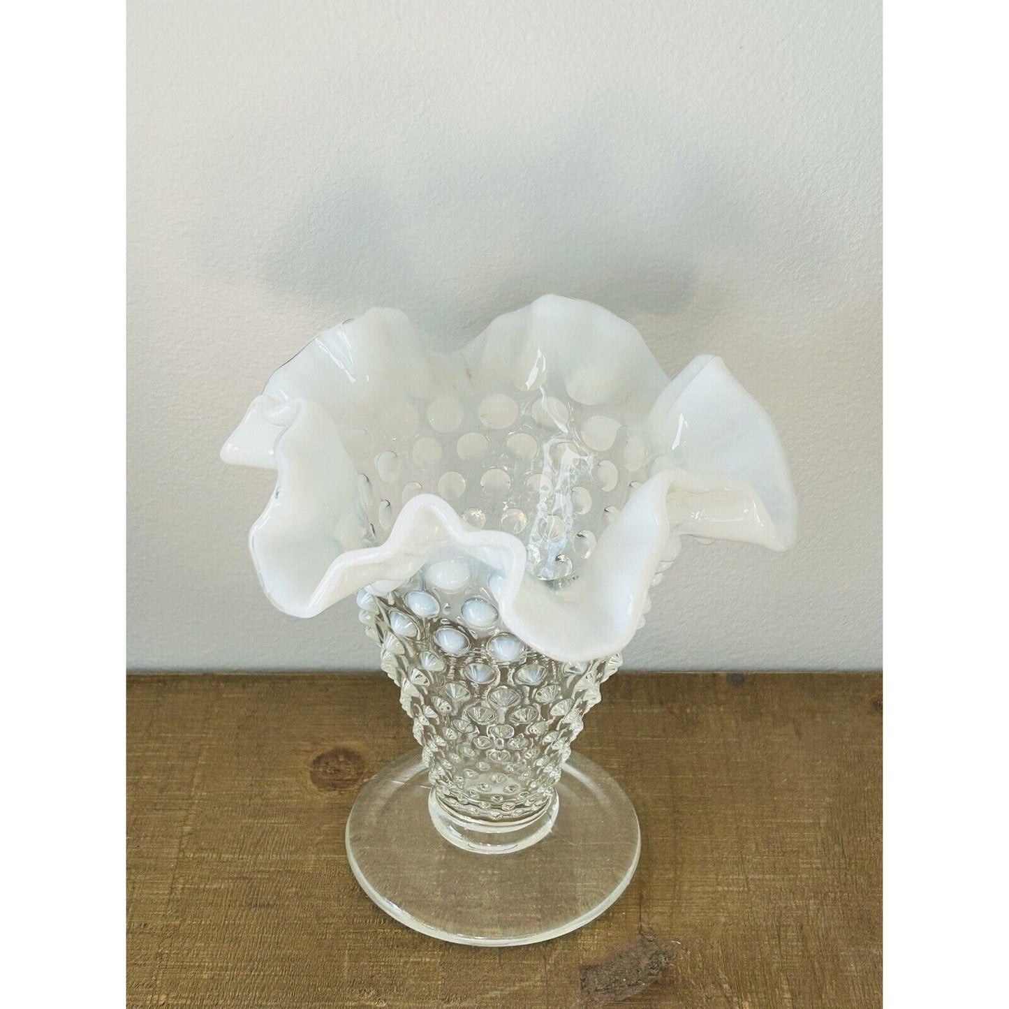 Vintage Fenton Moonstone Opalescent Hobnail Tapered Ruffle Glass Vase White Trim