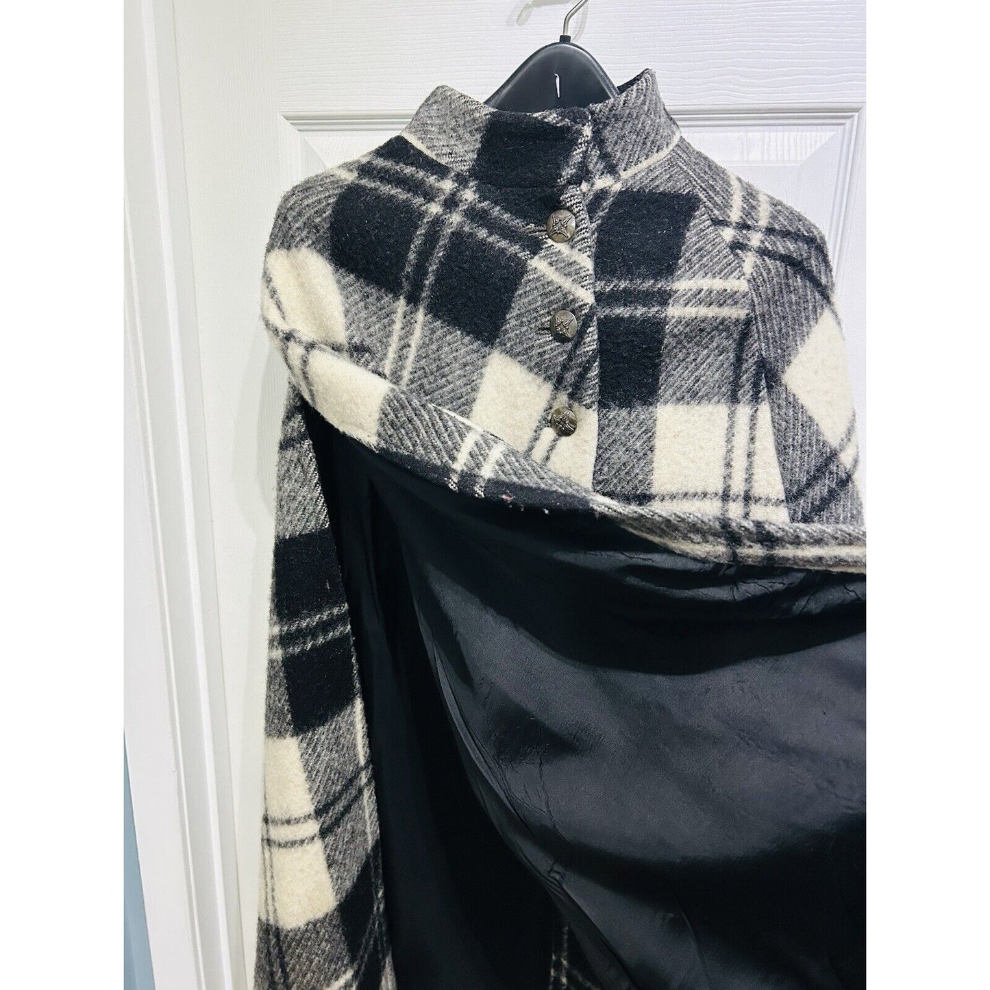 Vintage Boru Jimmy Hourihan Dublin Wool Cape Heavy Winter Coat Black Cream Plaid