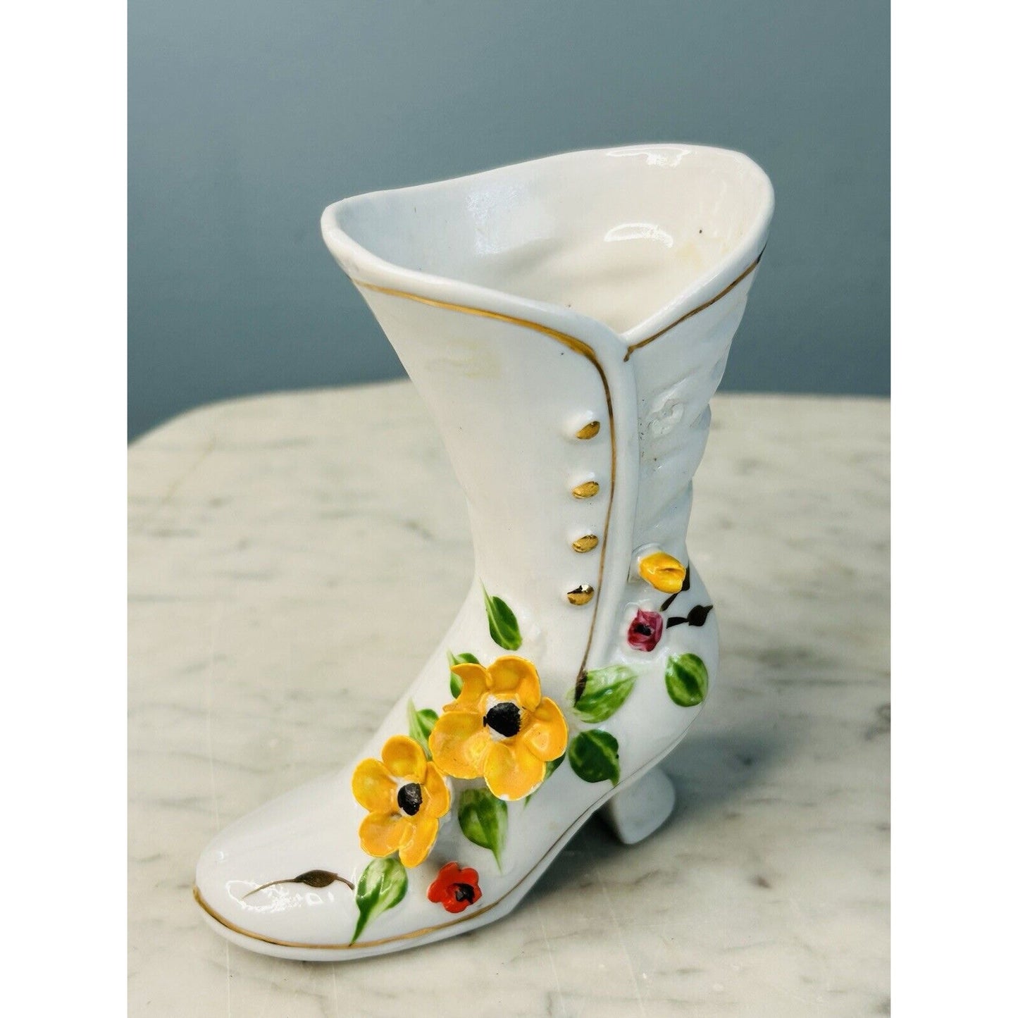 Vintage Porcelain Victorian Boot Vase White 3D Yellow Flowers Gold Accents Shoe