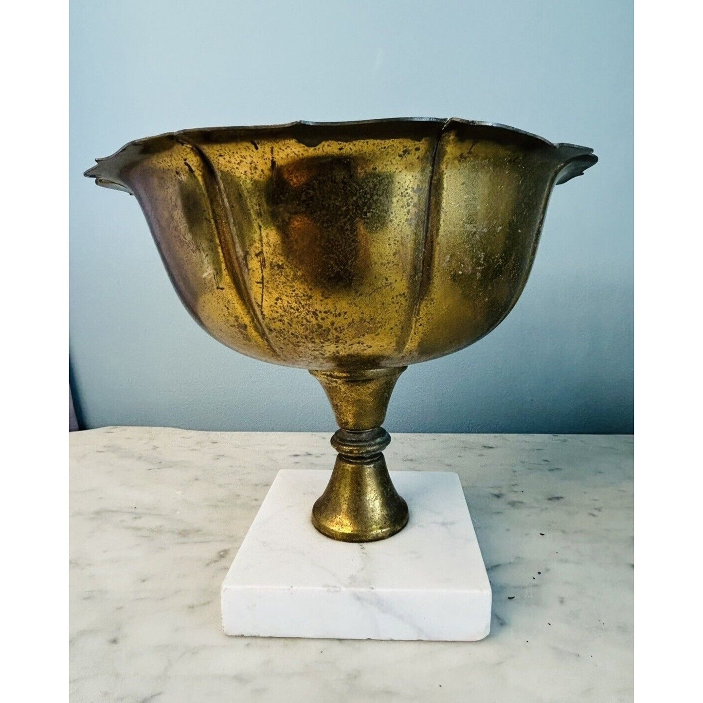 Vintage Brass 7” Compote Marble Pedestal Base Bowl Patina