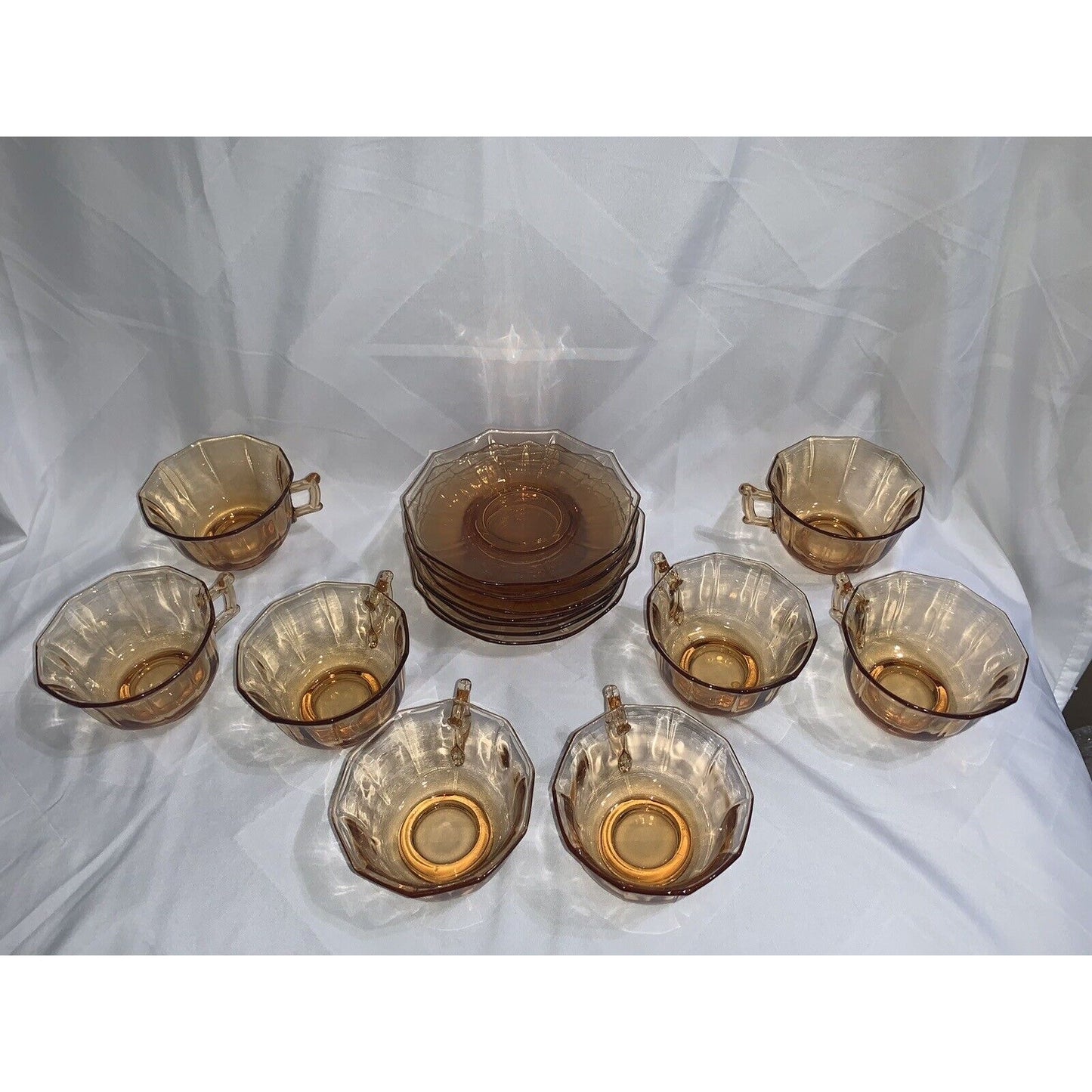 Cambridge Decagon Set of 8 Amber Glass Cups & Saucers Signed Great Condition