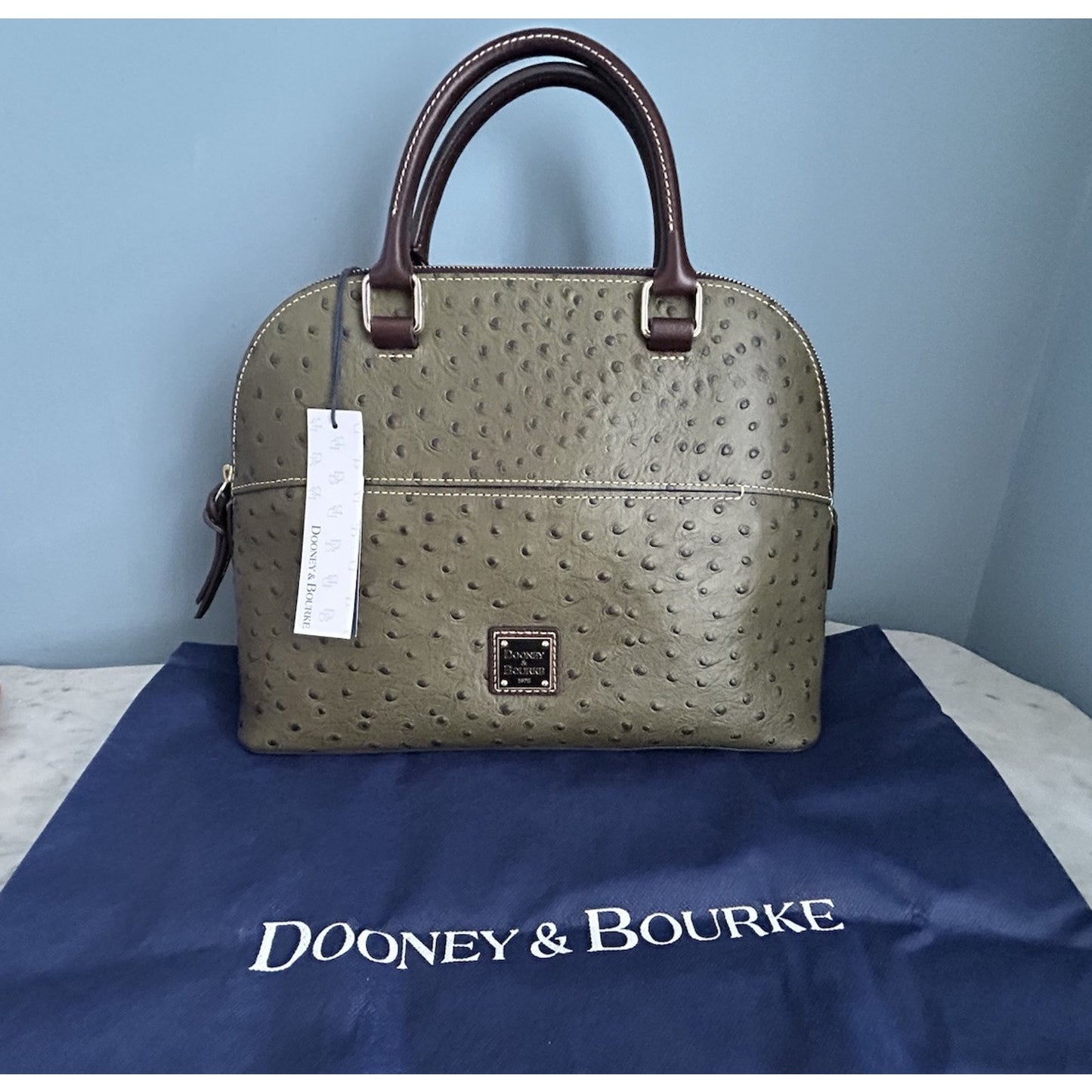 NWT Dooney & Bourke Genuine Ostrich Leather Carter Satchel Olive Brown Dome COA