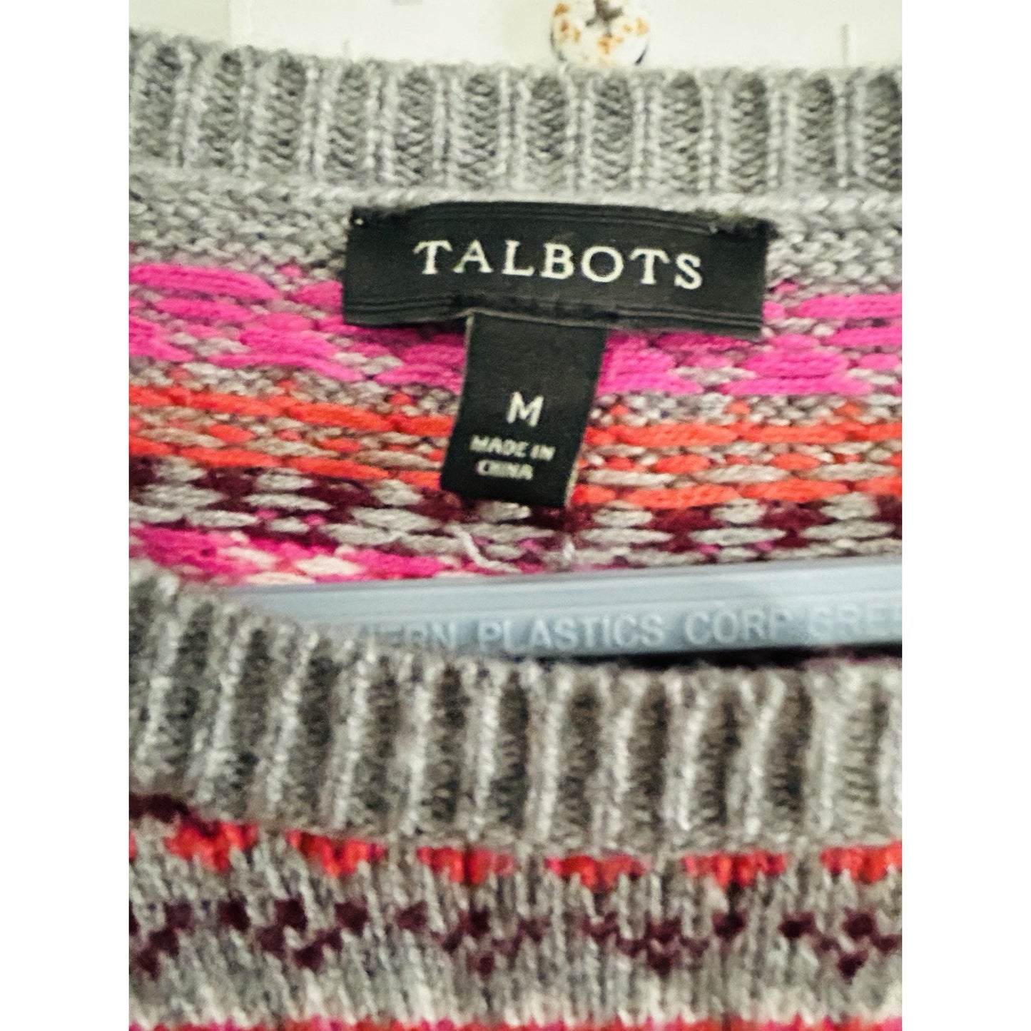 Talbots (M) Lambswool Blend Pink Gray Nordic Fair-isle Crew Neck Sweater Medium