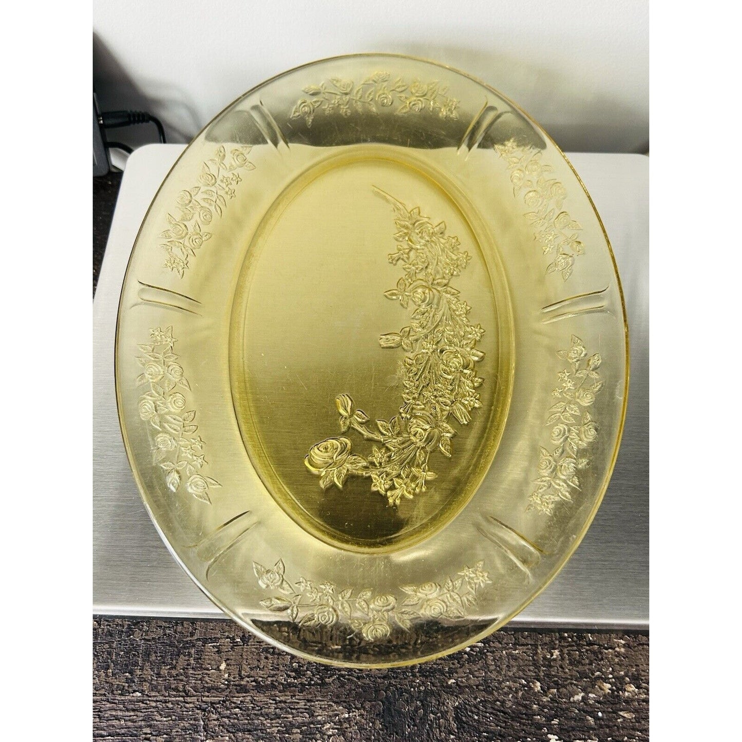 Federal Depression Glass Amber Sharon Cabbage Rose Serving Yellow Platter Plate