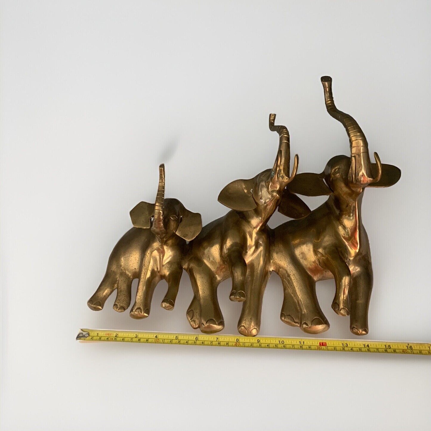 Vintage 19” 3 Elephants Trunk Up Brass Metal Wall Hanging Art Large Patina