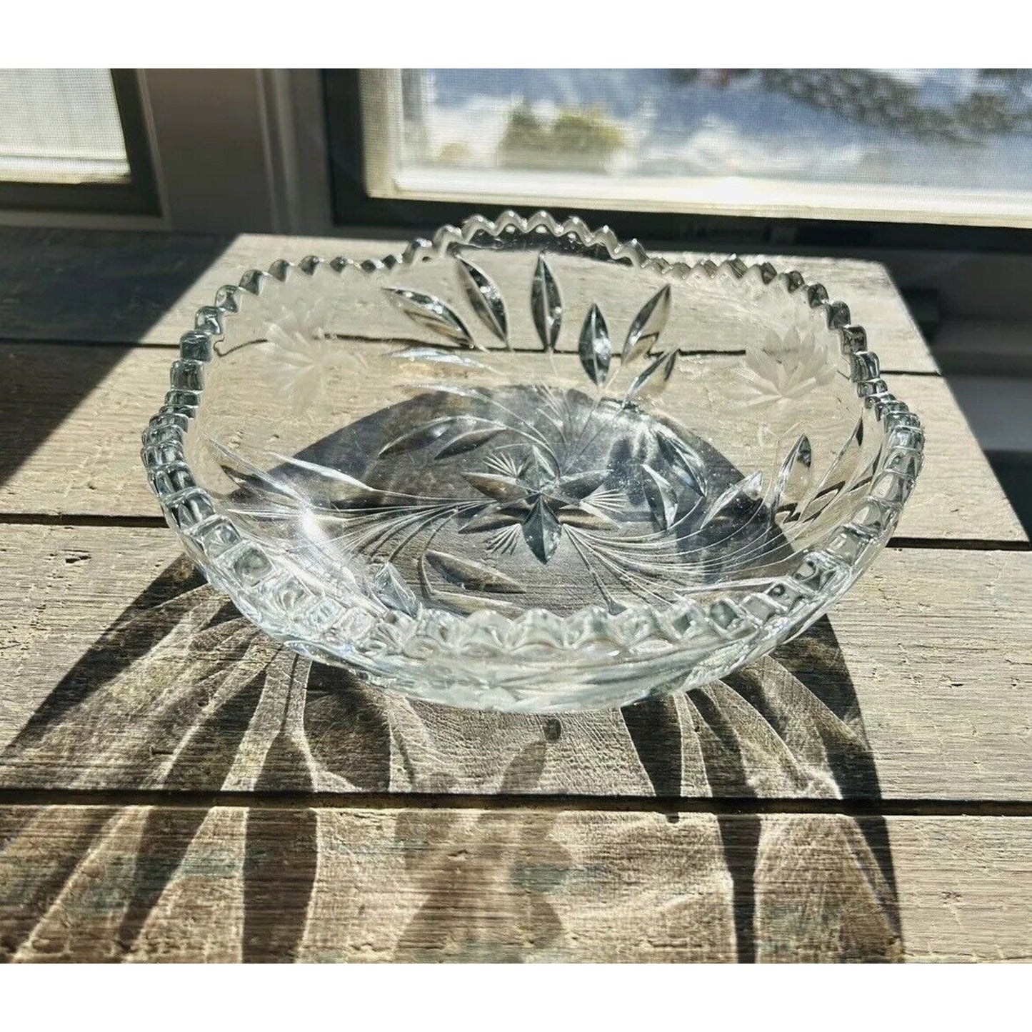 Antique Edwardian Crystal Etched Clear Cut Glass Bowl Dish Flowers 1900 - 1910s