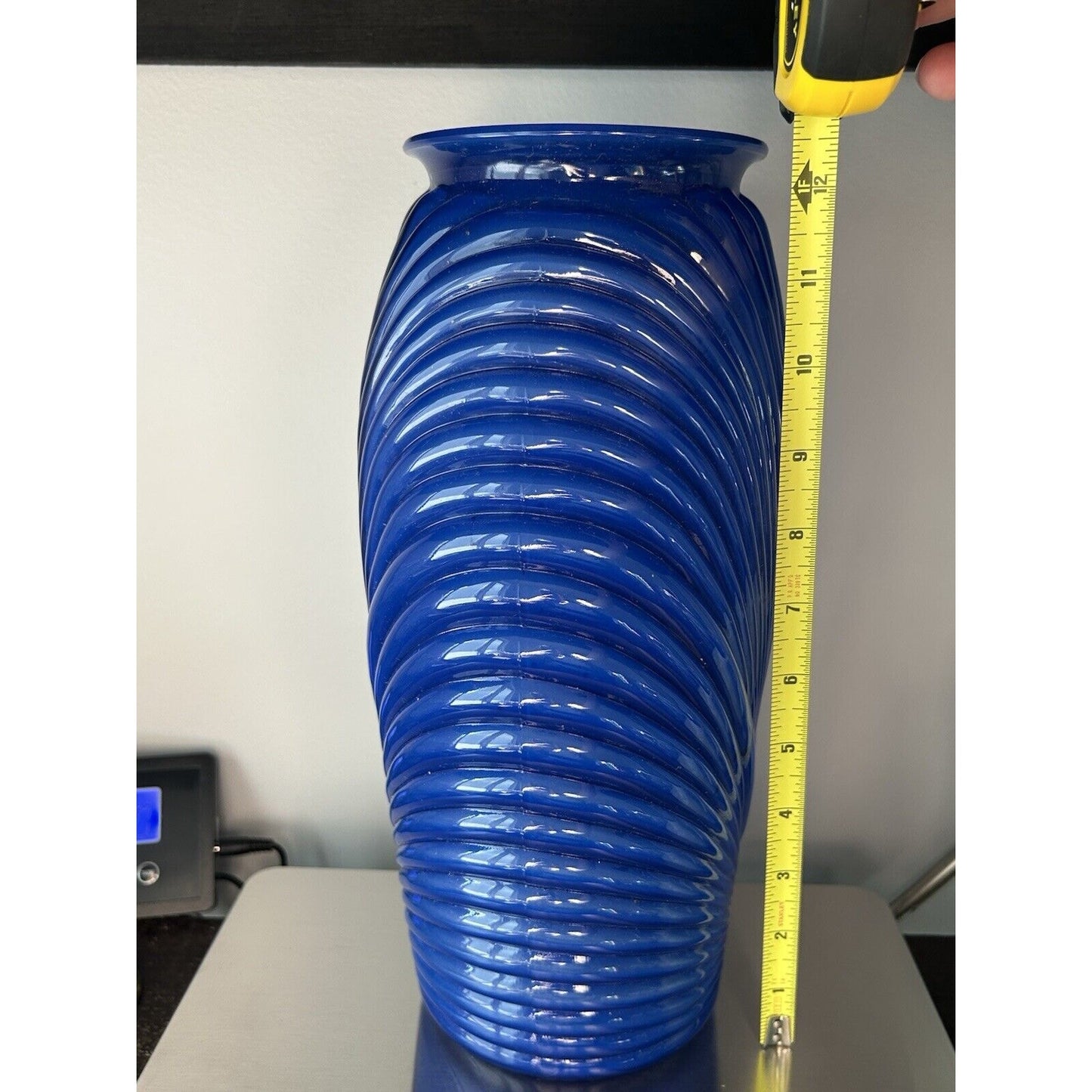 Art Deco Draped Ribbed Pleated Royal Cobalt Blue Glass Vase Vintage Iridescent