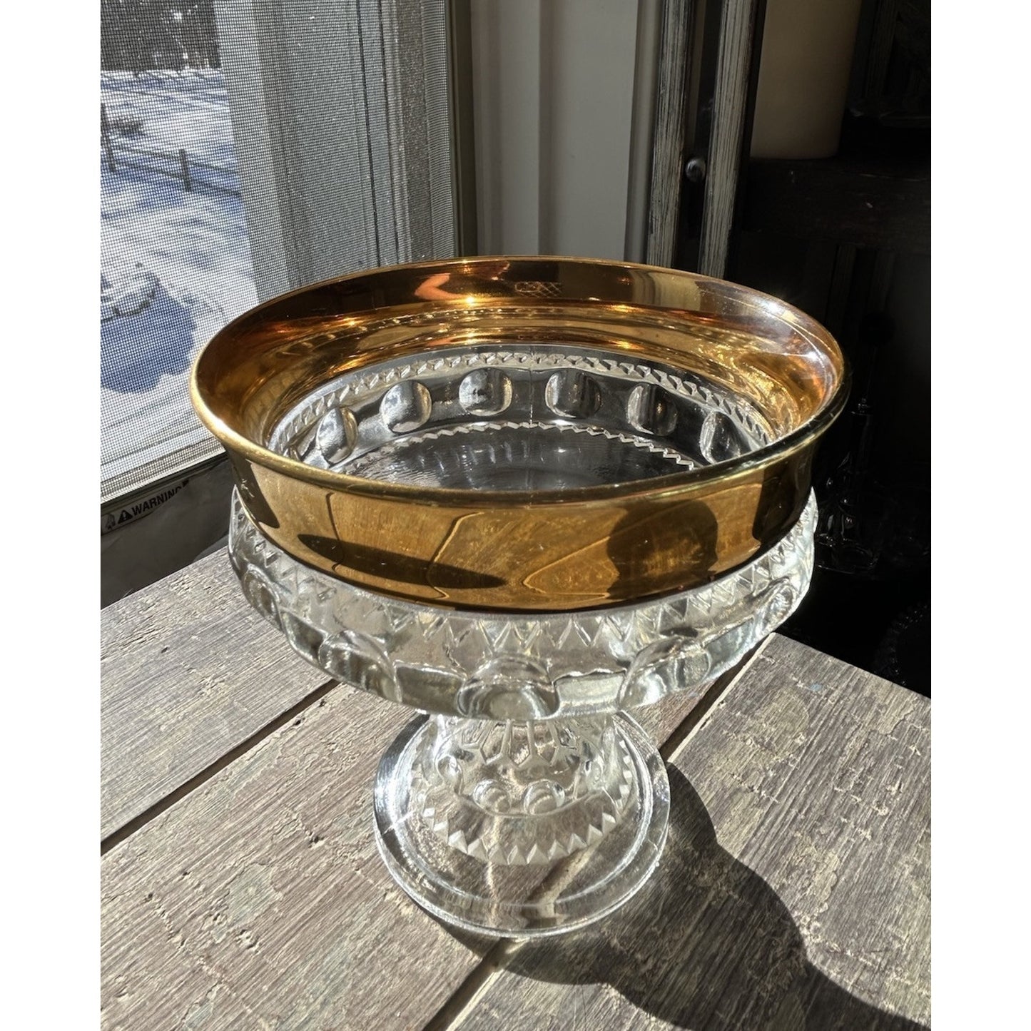 Indiana Glass Kings Crown Gold Trim Pedestal Candy Dish Compote 5 1/4" H Vintage