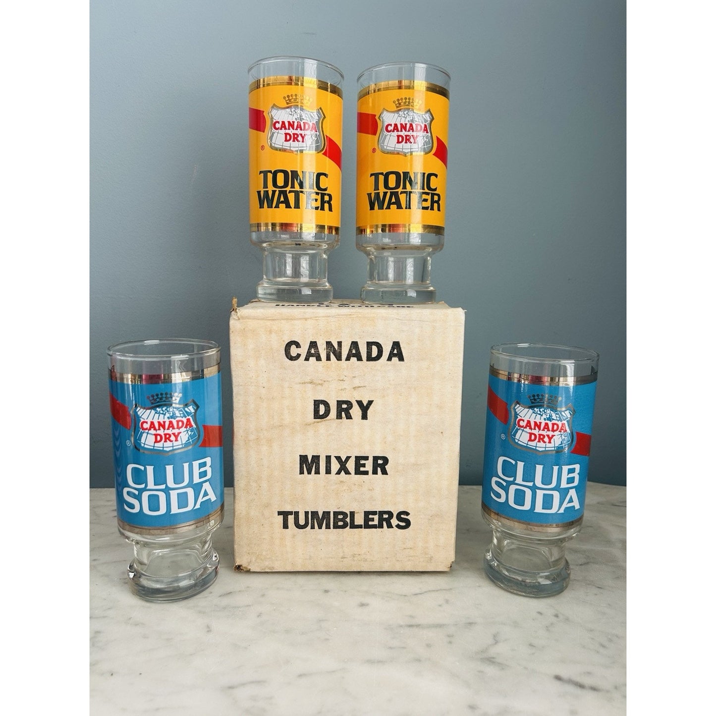 New Canada Dry Club Soda Tonic Water 7” Glass Tumblers Vintage NIB New Old Stock