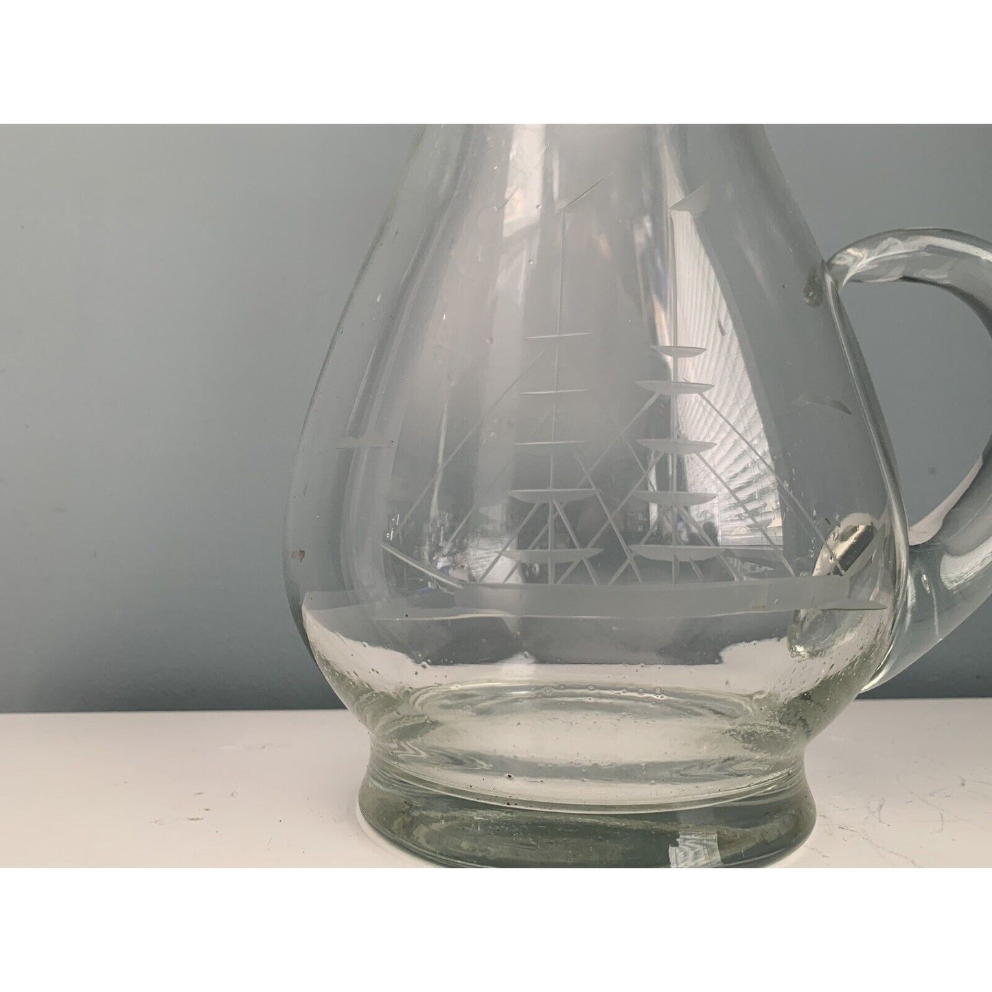 Vintage Crystal Pitcher Etched Clipper Ship Vintage Barware MCM Nautical Sail