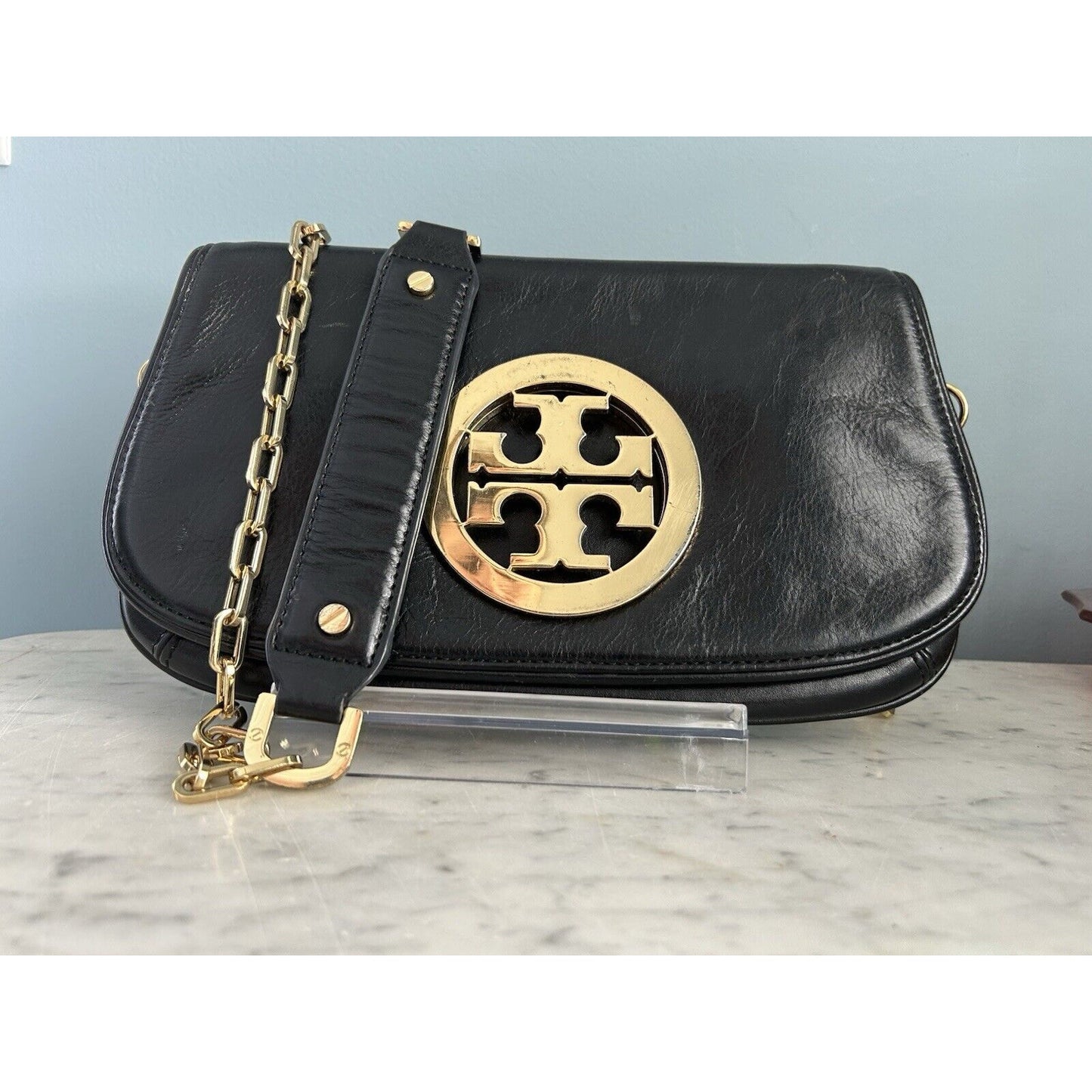 Tory Burch Reva Black Leather Purse Detachable Gold Chain Strap Crossbody Clutch