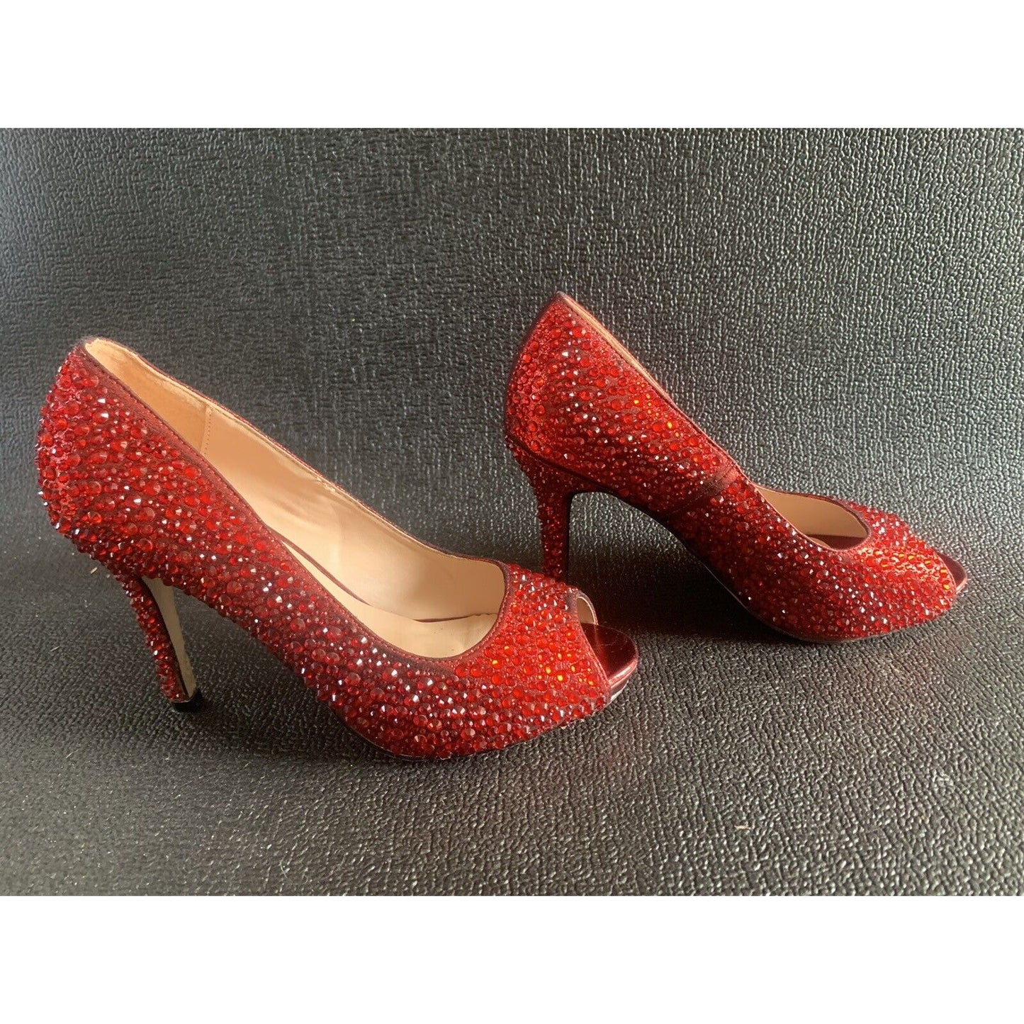 Lauren Lorraine Women's Bejewel Candy Red Heel Peep Toe Shoes Size 7