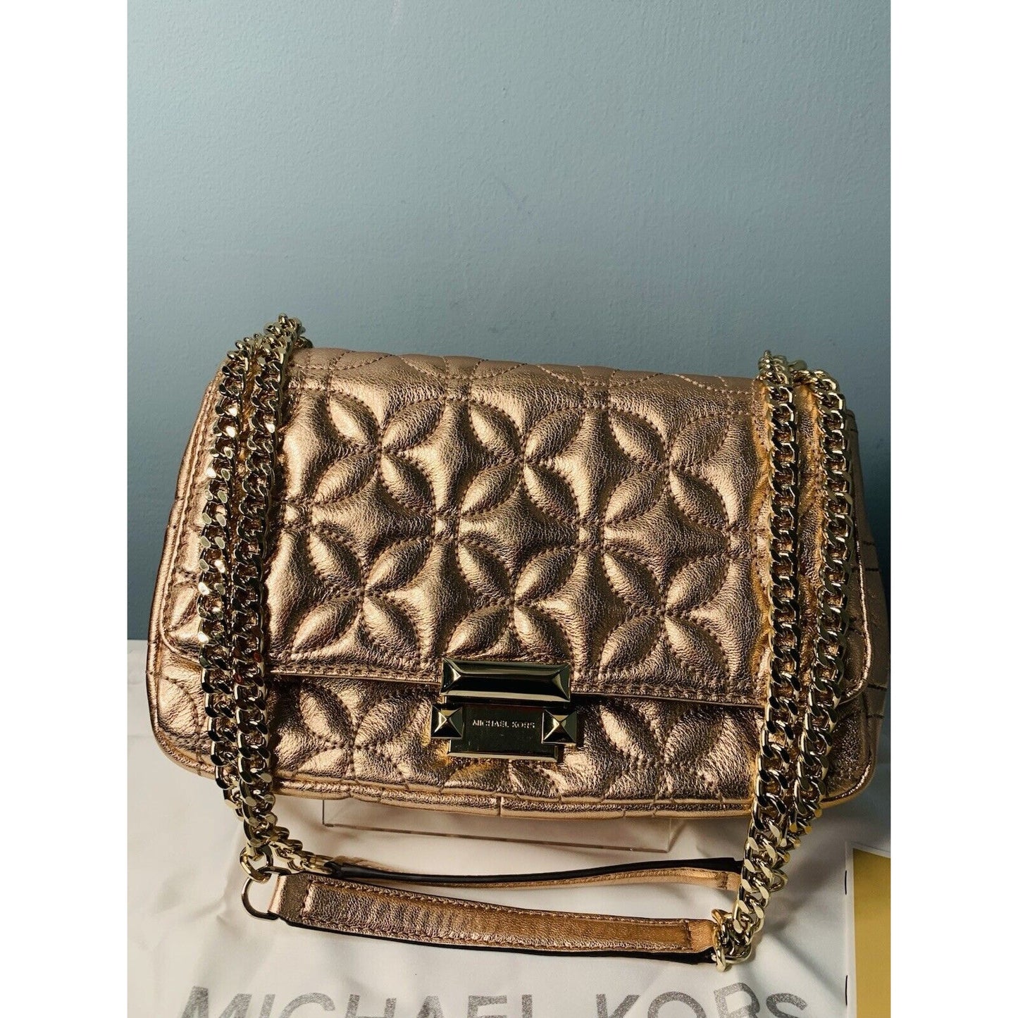 New Michael Kors Sloan Gold Chain Quilted Leather Shoulder Bag Rose Gold Shiny