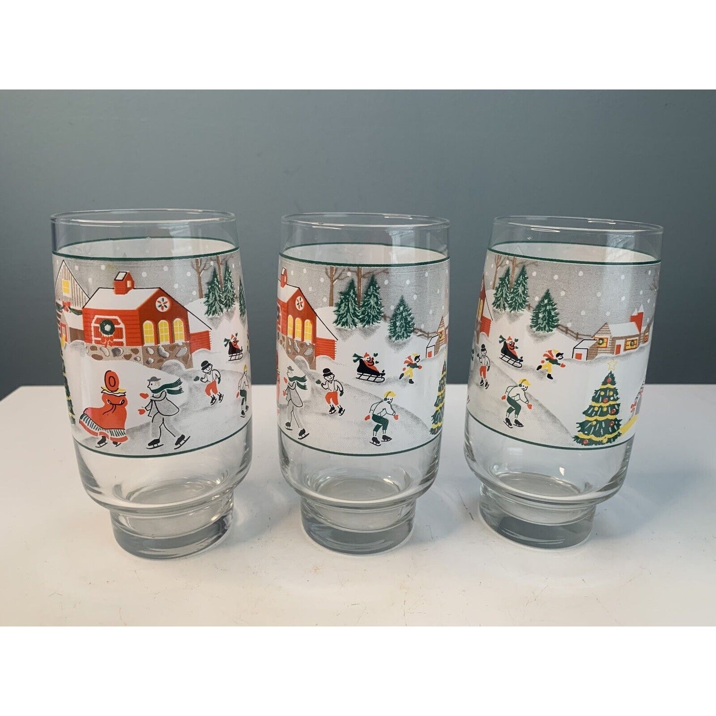 Sango Set of 3 Silent Night Christmas Glass Tumblers Joan Luntz 6” 16 oz Vintage