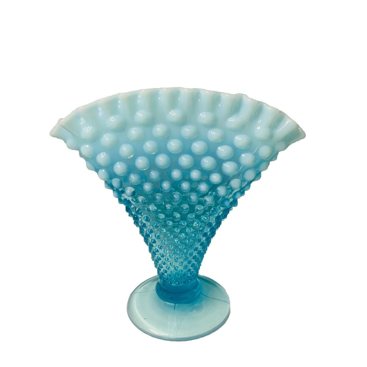 Fenton Blue Opalescent Glass Hobnail Large Fan Vase 8" Tall Vintage