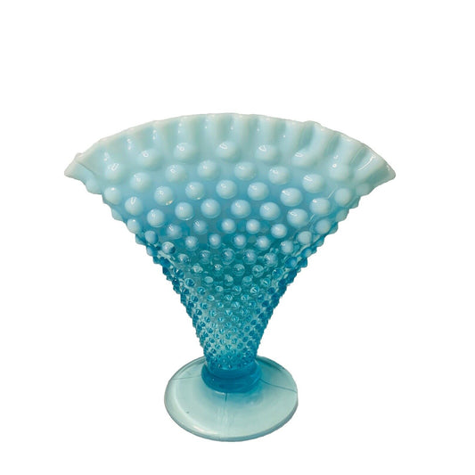 Fenton Blue Opalescent Glass Hobnail Large Fan Vase 8" Tall Vintage