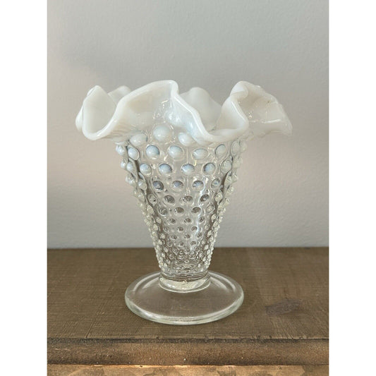 Vintage Fenton Moonstone Opalescent Hobnail Tapered Ruffle Glass Vase White Trim